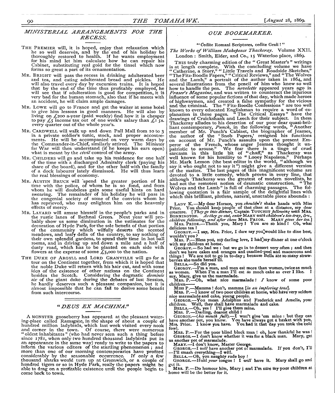 Tomahawk (1867-1870): jS F Y, 1st edition - Ministerial Arrangements For The Recess.