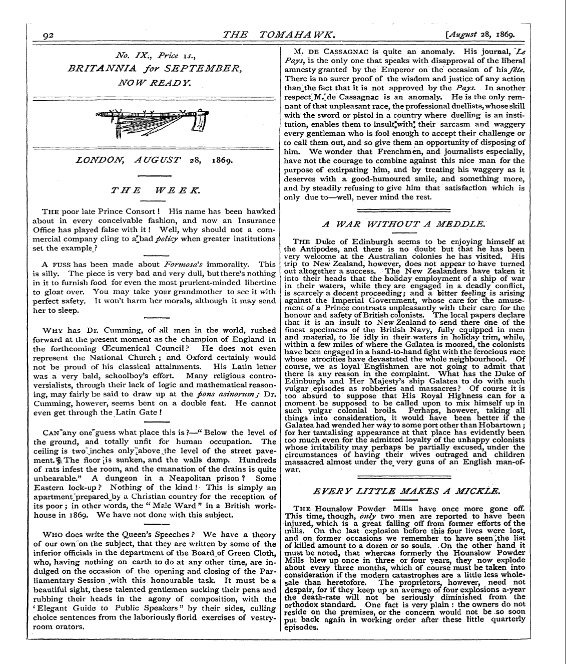 Tomahawk (1867-1870): jS F Y, 1st edition - London, August 28, 1869.