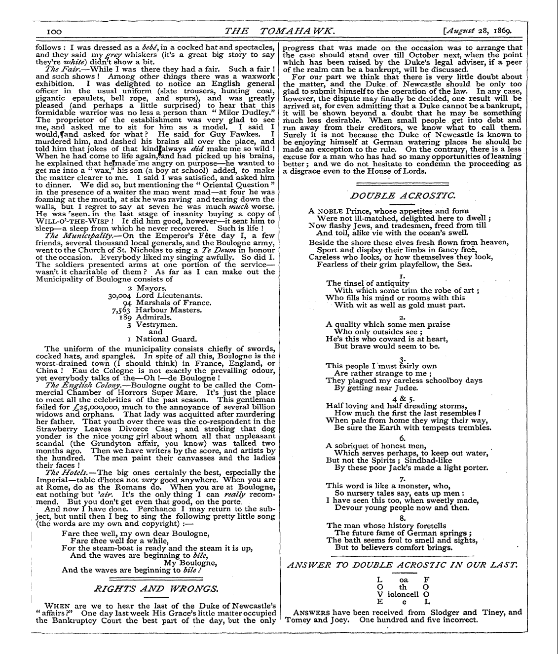 Tomahawk (1867-1870): jS F Y, 1st edition - Double Acrostic.