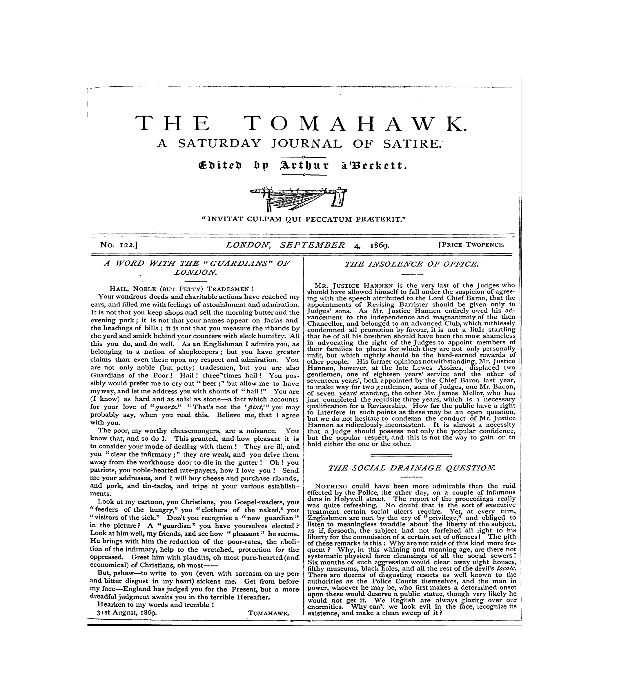 Tomahawk (1867-1870): jS F Y, 1st edition - No. 122.] London, September 4, 1869. [Pr...