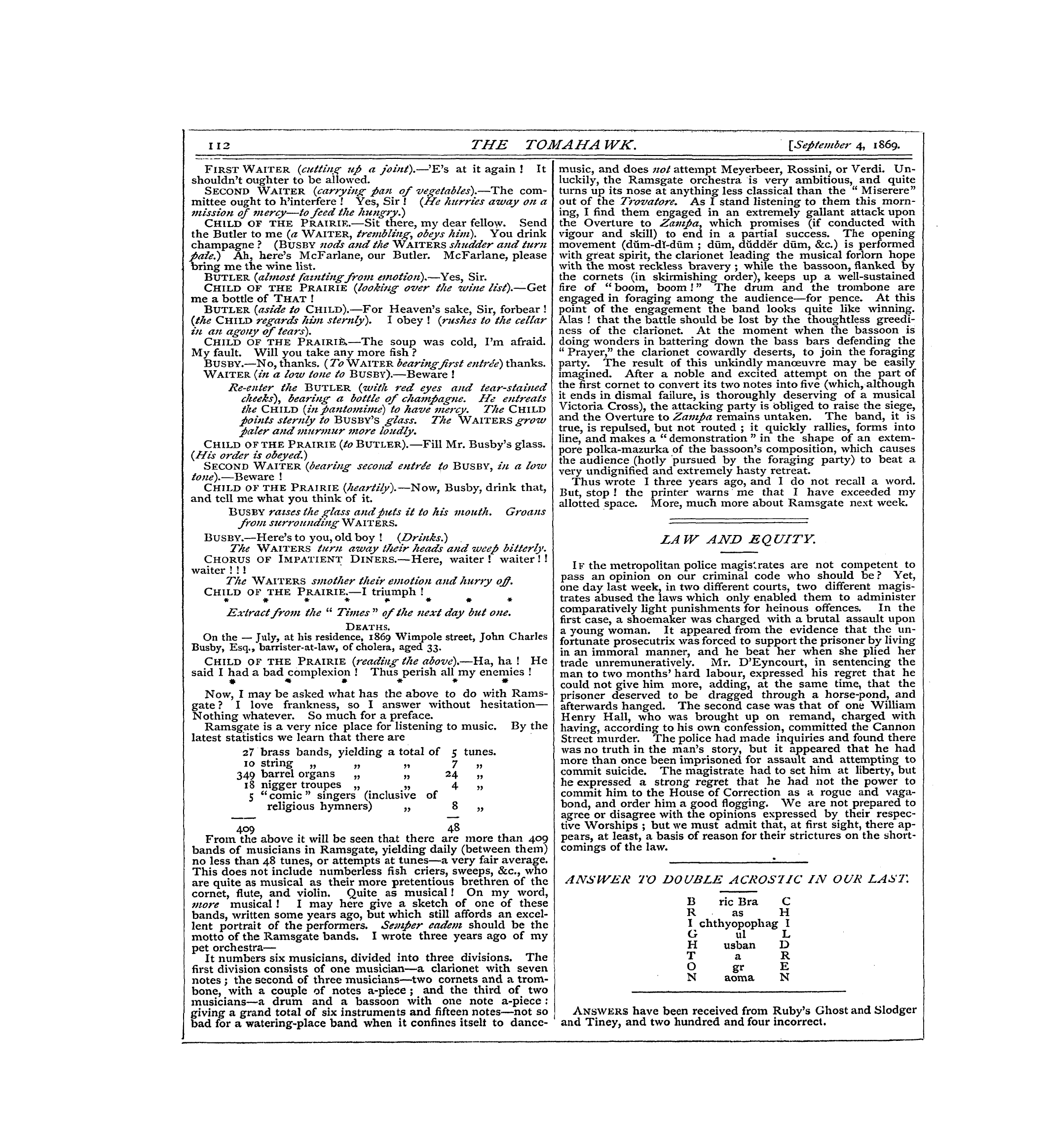 Tomahawk (1867-1870): jS F Y, 1st edition - Answer To Double Acros7ic In Our Last.