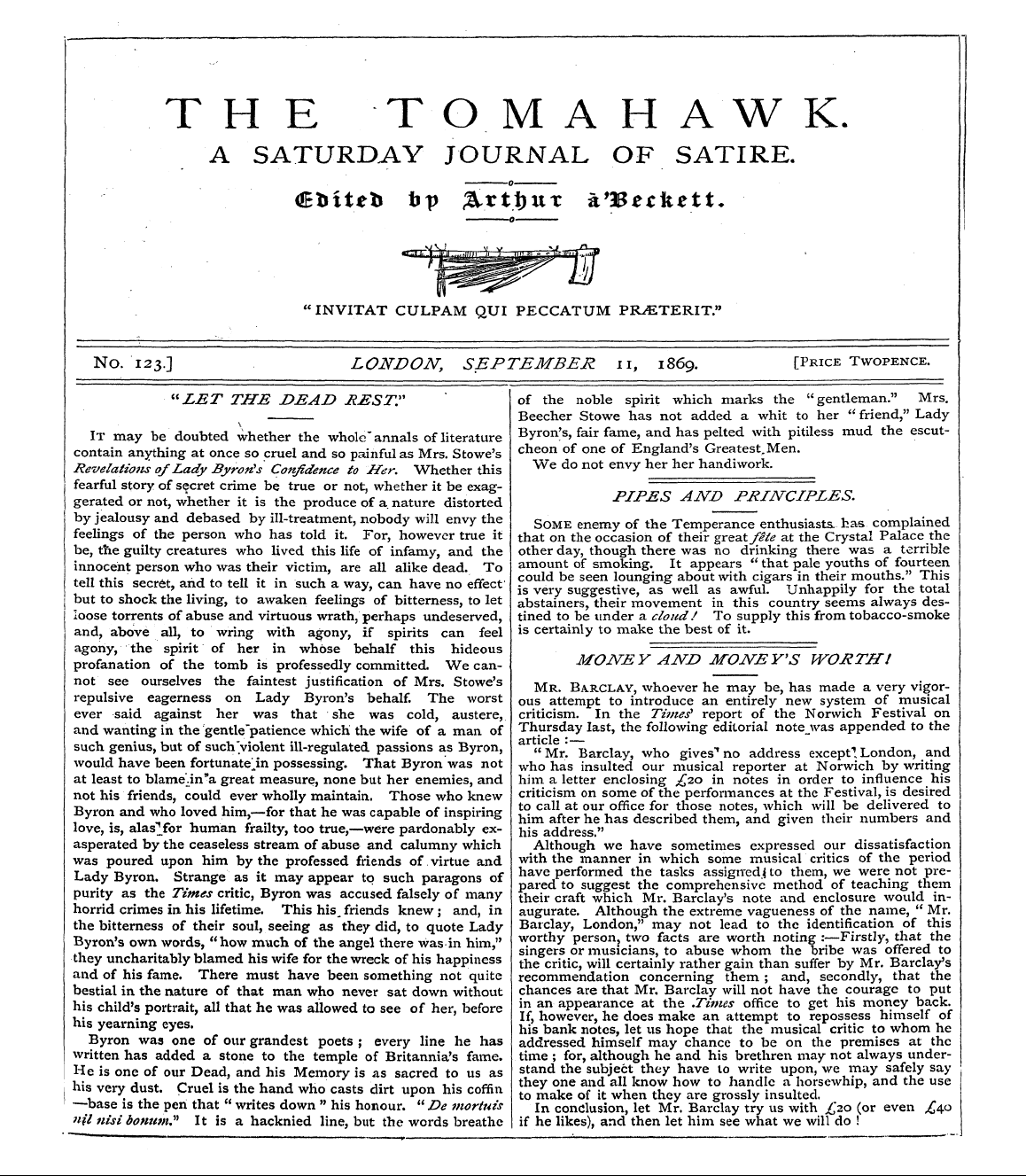 Tomahawk (1867-1870): jS F Y, 1st edition - No. 123.] London, September 11, 1869. [P...