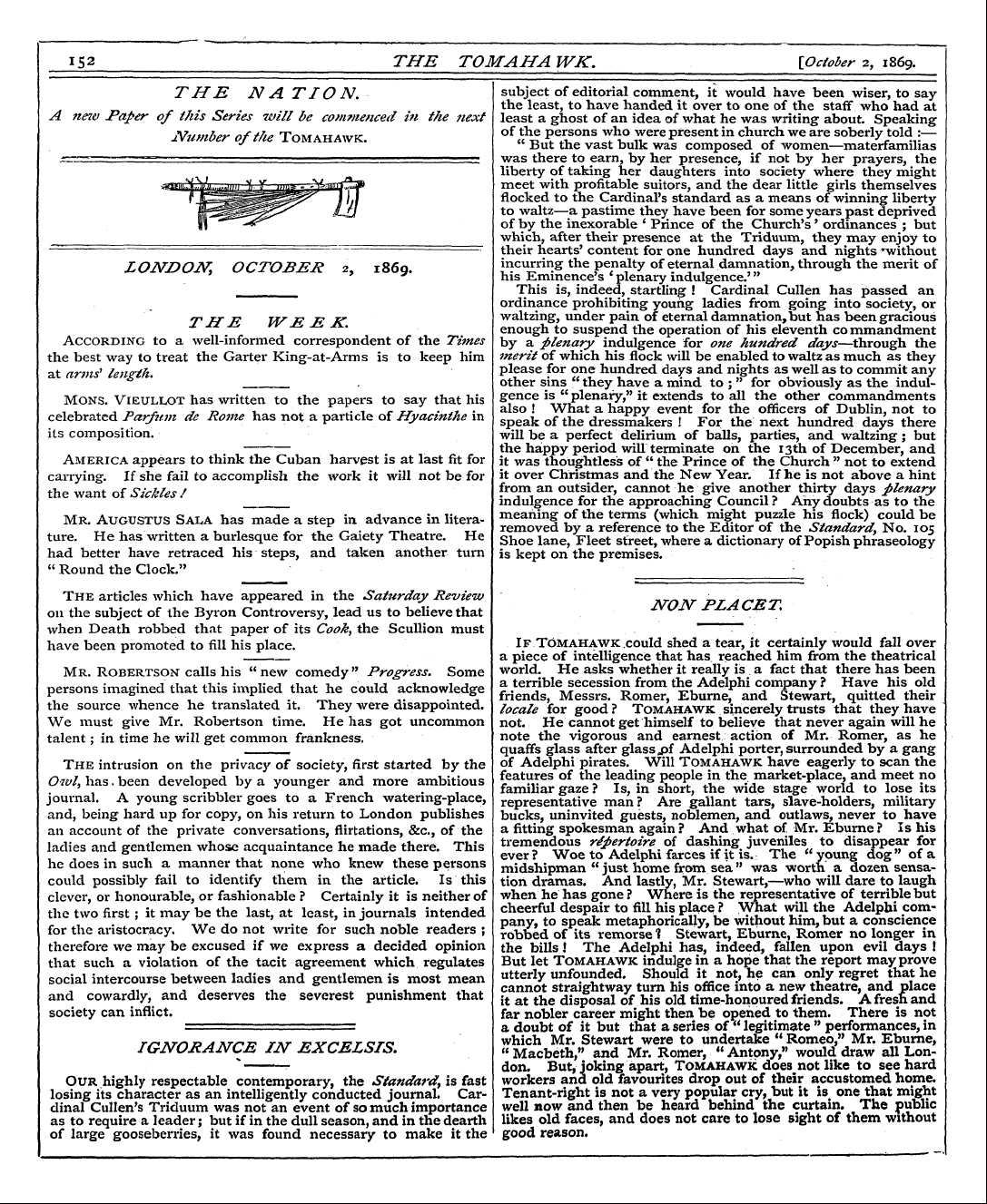 Tomahawk (1867-1870): jS F Y, 1st edition - Mons. Vieullot Has Written To The Papers...