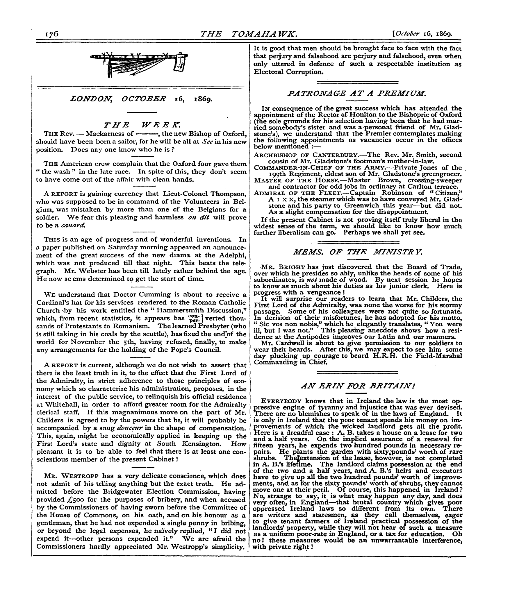 Tomahawk (1867-1870): jS F Y, 1st edition - The Week.