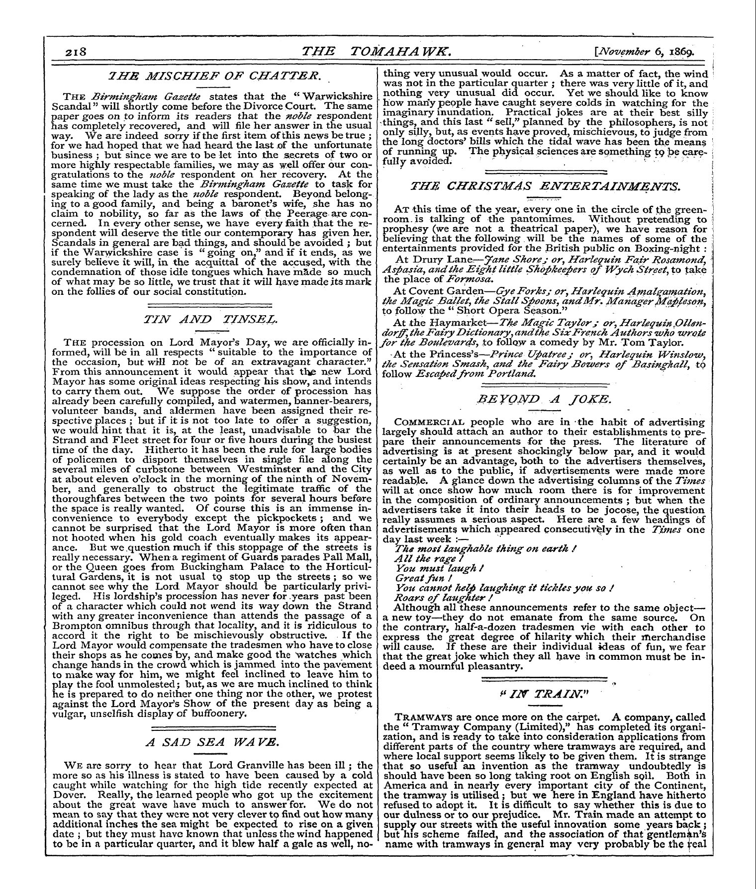Tomahawk (1867-1870): jS F Y, 1st edition - A Sad Sea Wa Vm.