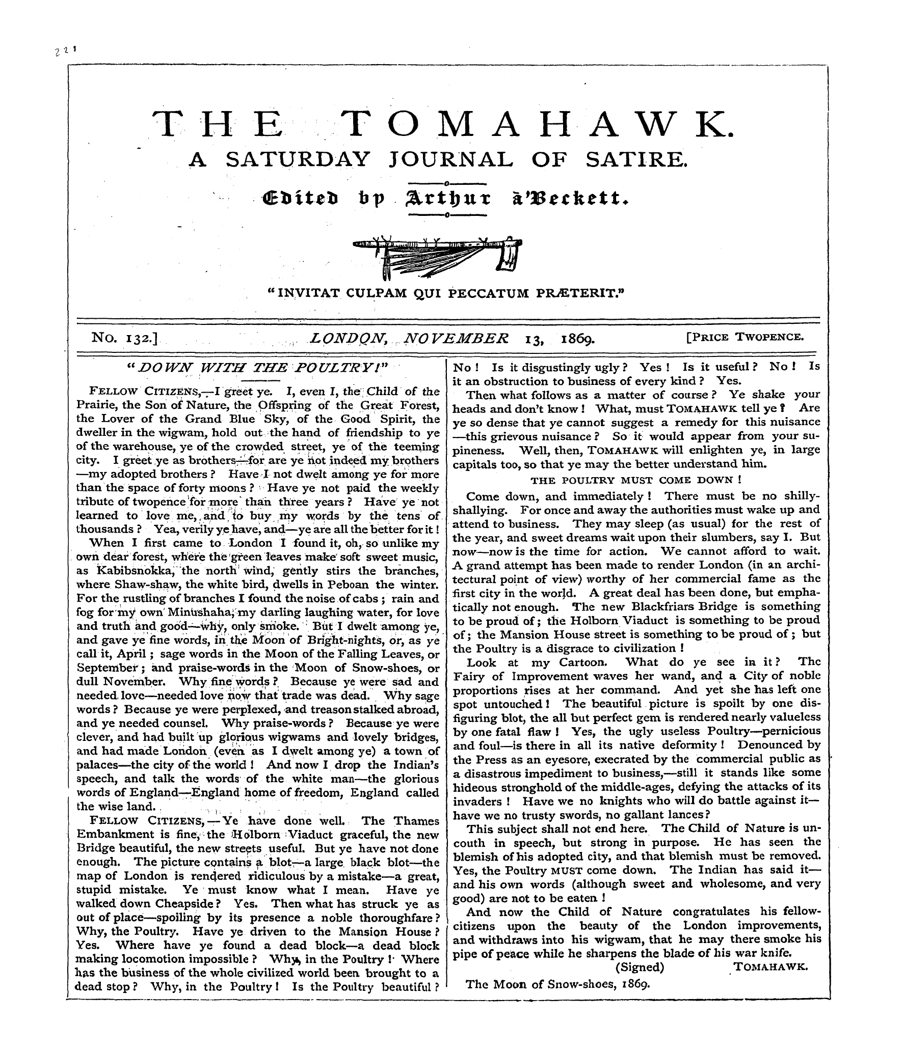 Tomahawk (1867-1870): jS F Y, 1st edition - T H E T O M A Haw K. A Saturday Journal ...