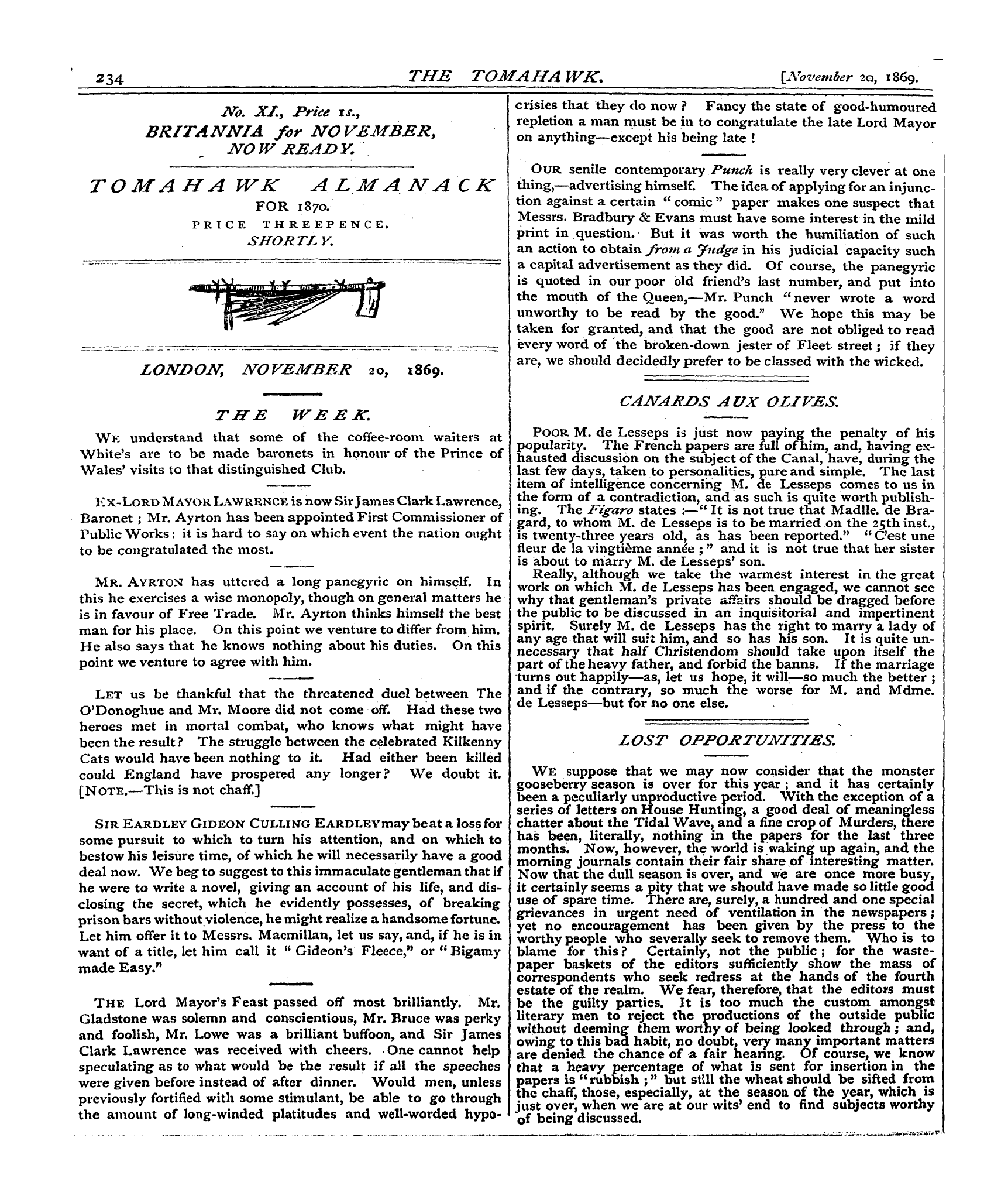 Tomahawk (1867-1870): jS F Y, 1st edition - Tomaha Wk Almanack For 1870. Price Three...