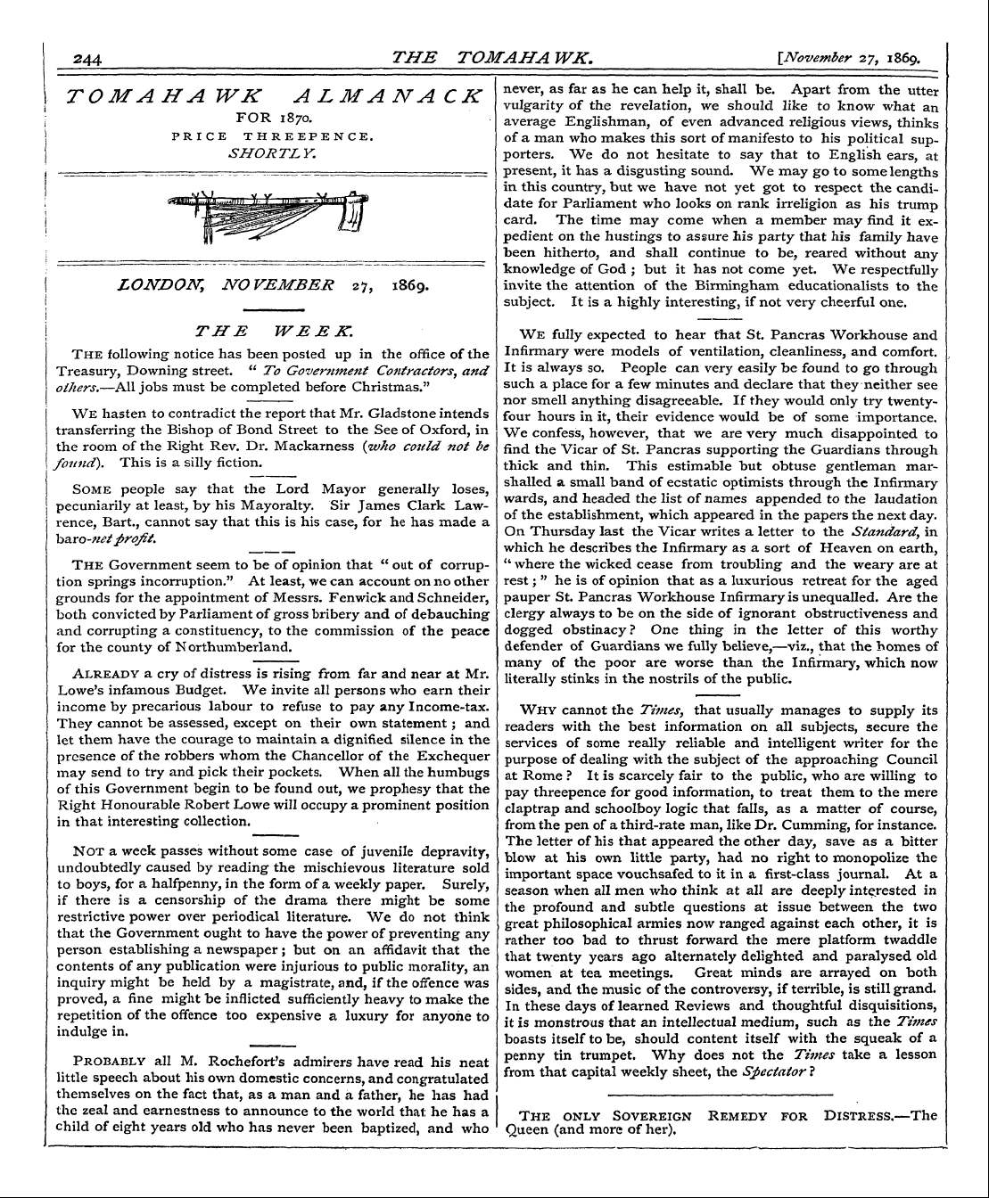 Tomahawk (1867-1870): jS F Y, 1st edition - The Government Seem To Be Of Opinion Tha...