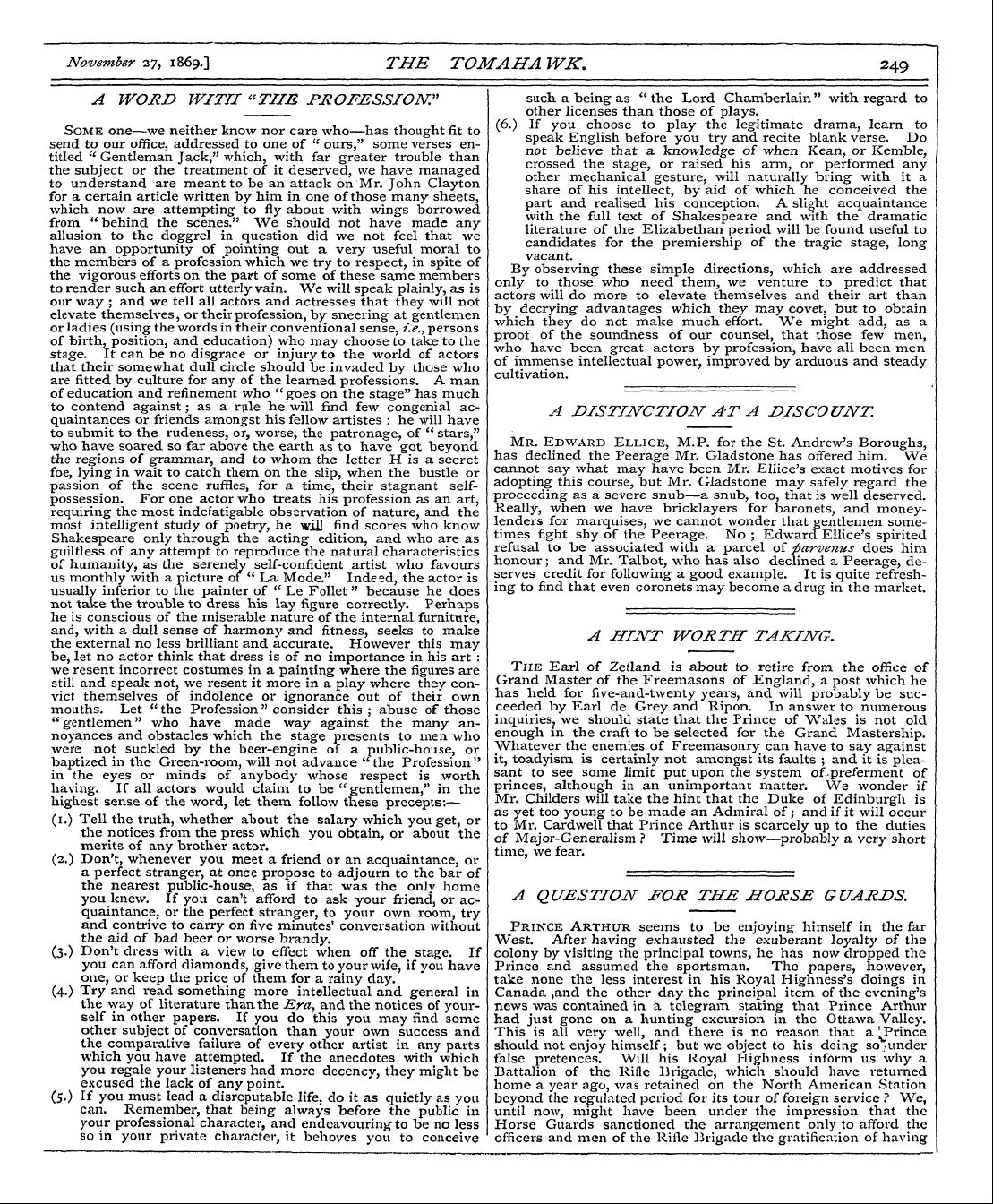 Tomahawk (1867-1870): jS F Y, 1st edition - November 27, 1869.] The Tomaha Wk . 249