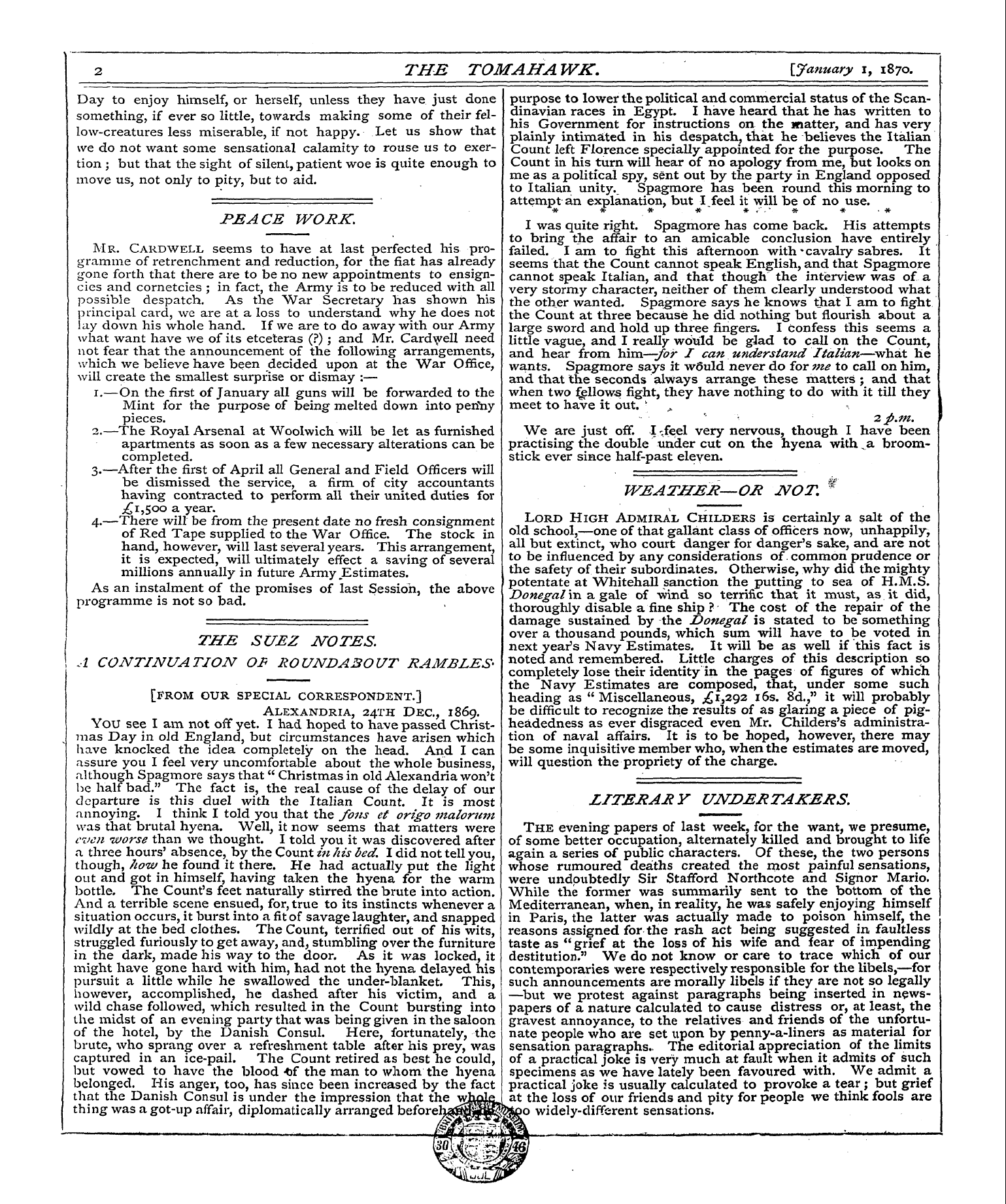 Tomahawk (1867-1870): jS F Y, 1st edition - 2 The Tom Ah A Wk. {January I, 1870.