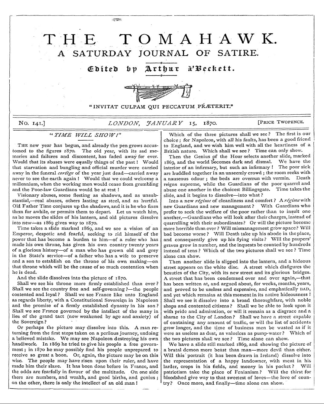 Tomahawk (1867-1870): jS F Y, 1st edition - No. 141.] ~ London, January 15, 1870. [P...