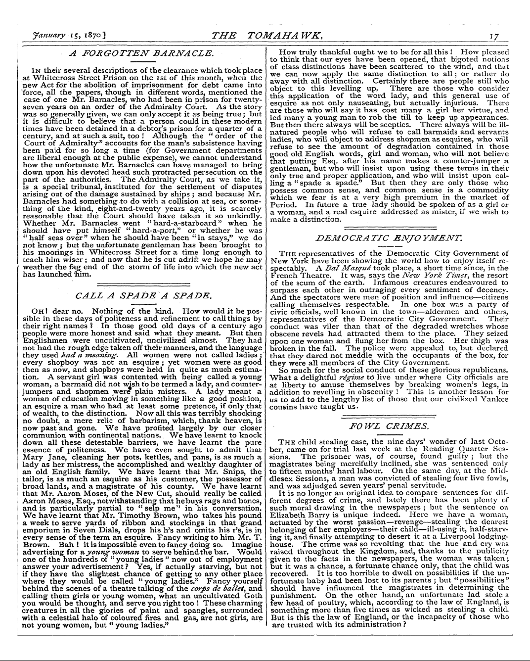 Tomahawk (1867-1870): jS F Y, 1st edition - Fowl Crimes.