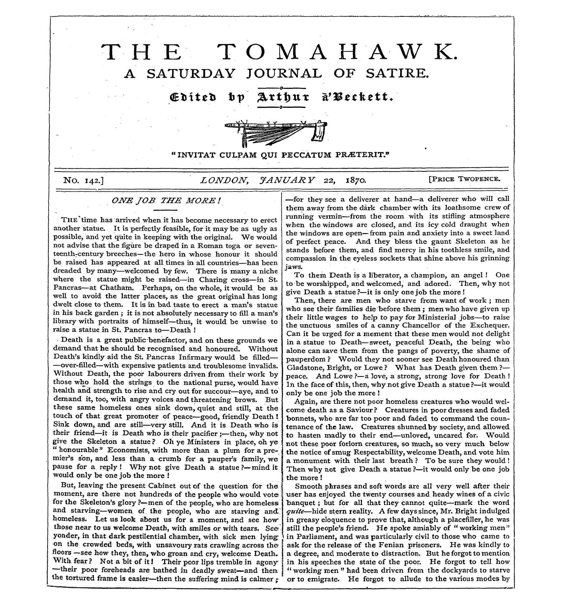 Tomahawk (1867-1870): jS F Y, 1st edition - The Time Has Arrived When It Has Become ...