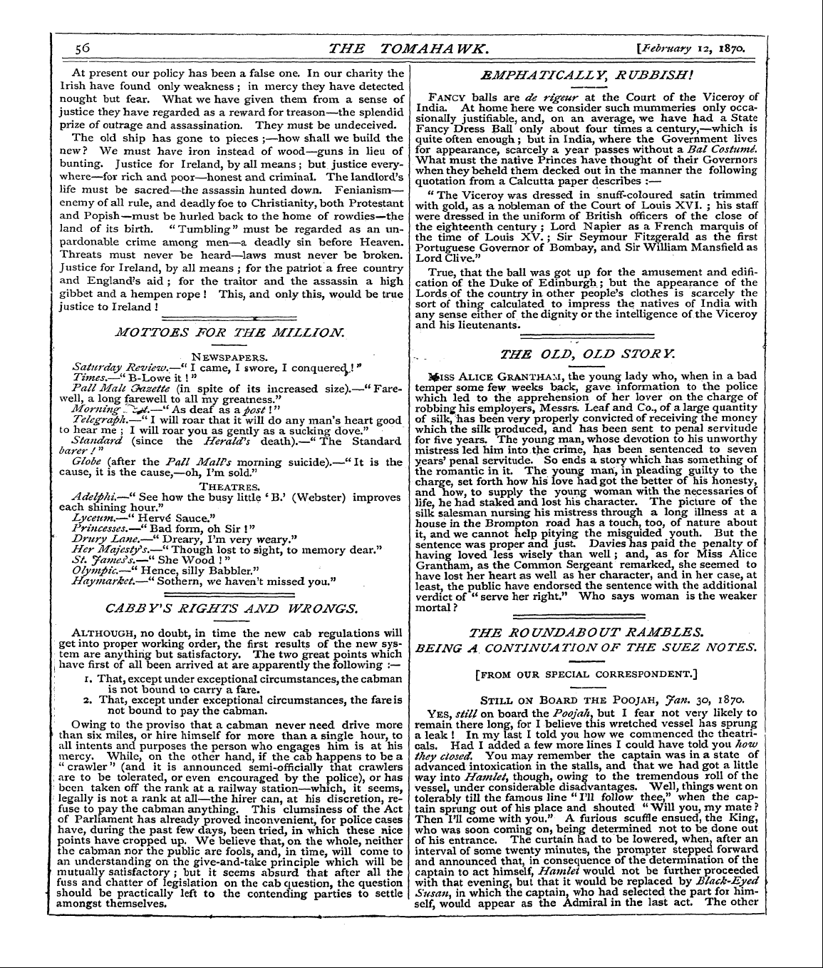 Tomahawk (1867-1870): jS F Y, 1st edition - The Ro Undabo Ut Rambles. Being A, Continuation Of The Suez Notes.