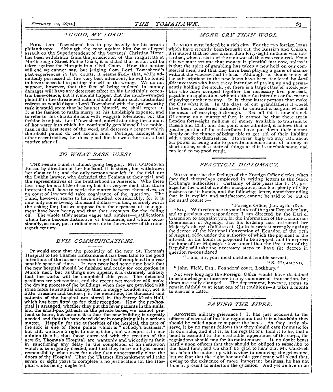 Tomahawk (1867-1870): jS F Y, 1st edition - Poor Lord Townshend Has To Pay Heavily F...