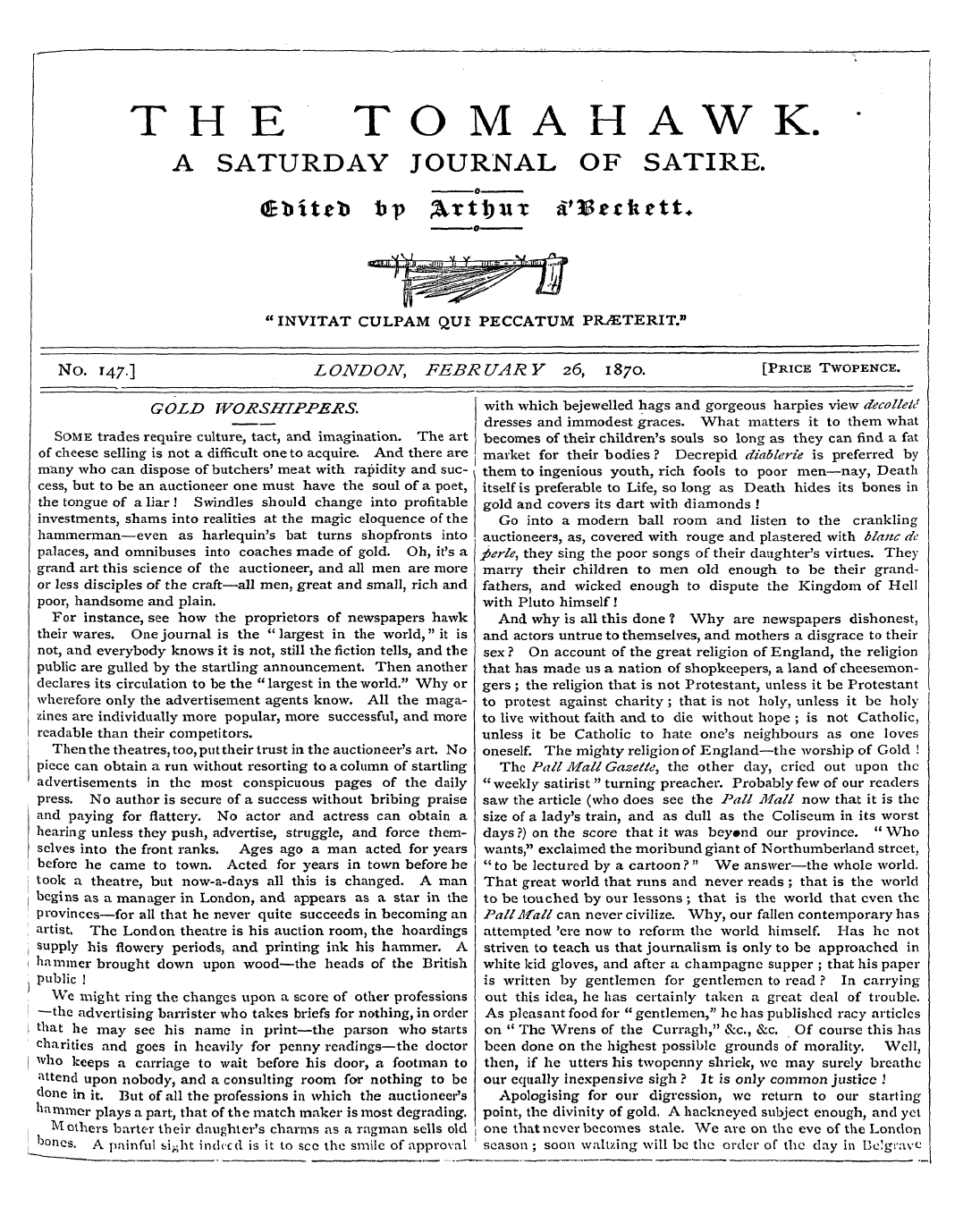 Tomahawk (1867-1870): jS F Y, 1st edition - Gold Worshippers,