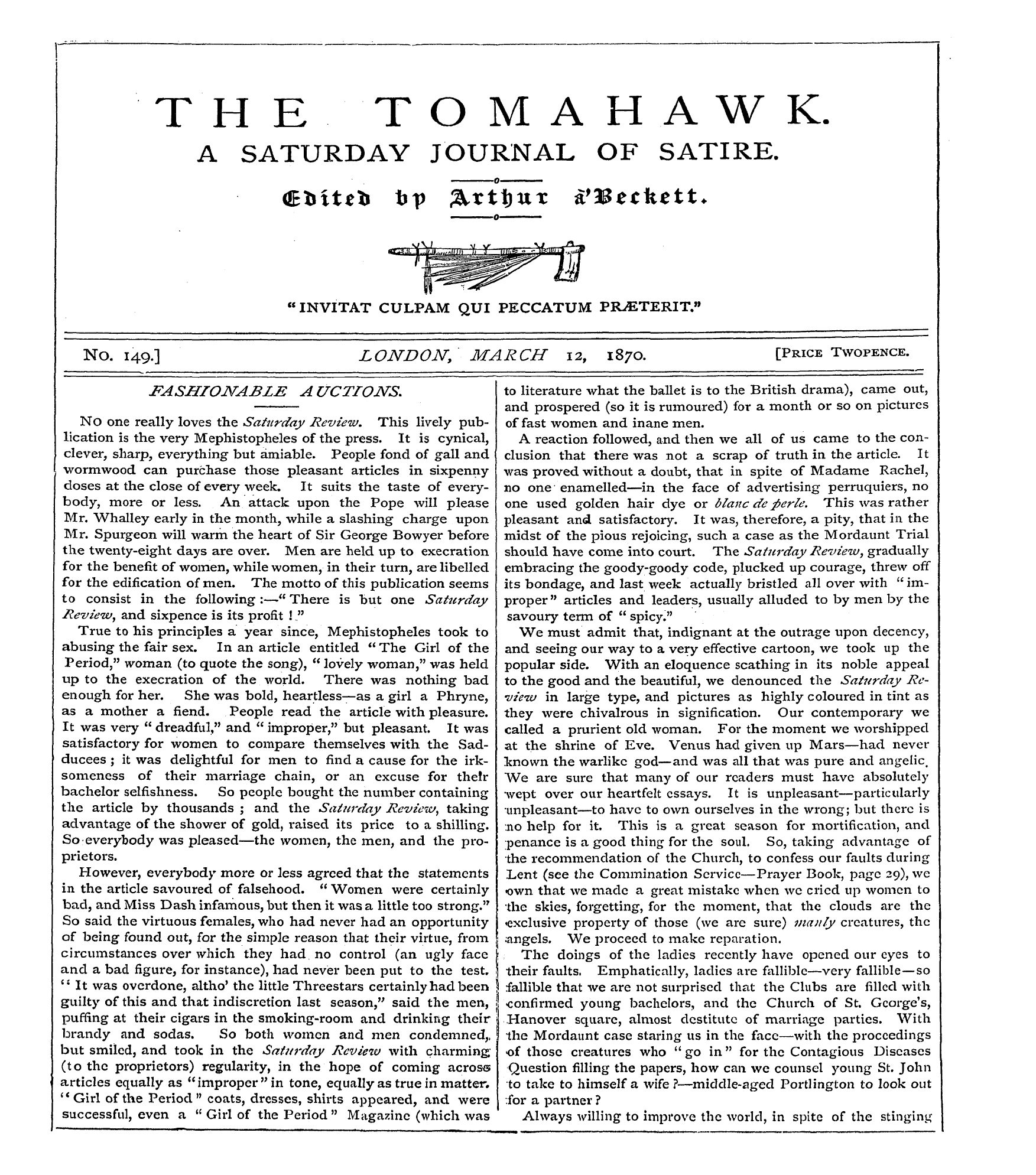 Tomahawk (1867-1870): jS F Y, 1st edition - No One Really Loves The Saturday Review....