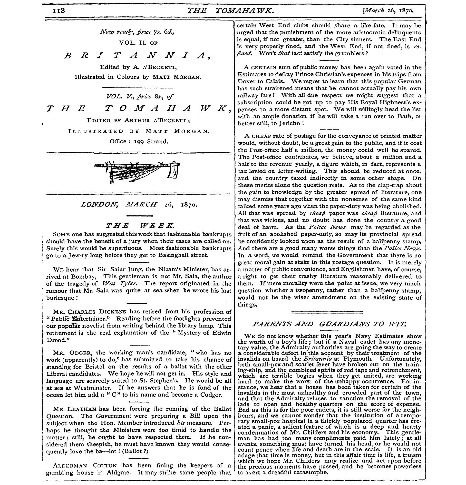 Tomahawk (1867-1870): jS F Y, 1st edition - London, March 26, 1870.