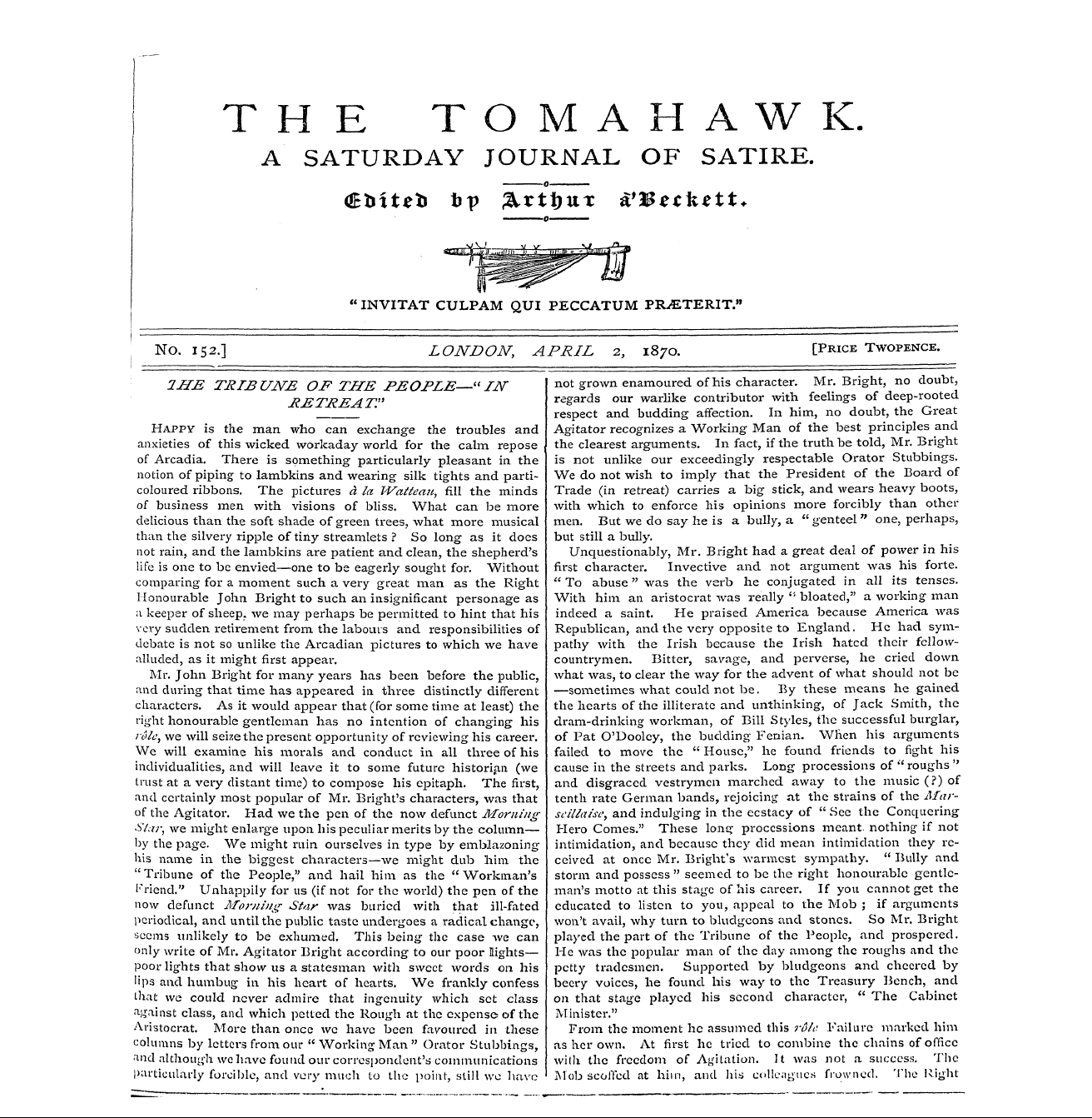 Tomahawk (1867-1870): jS F Y, 1st edition - The Tomahawk. A Saturday Journal Of Sati...