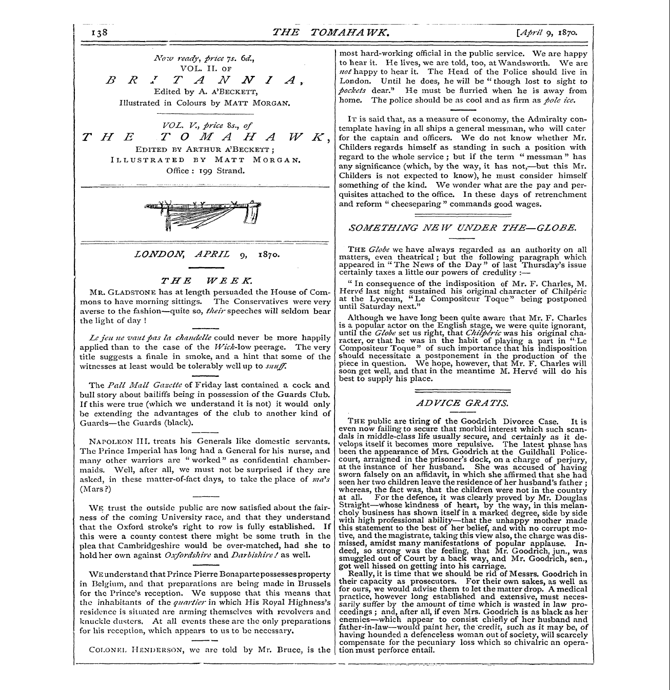 Tomahawk (1867-1870): jS F Y, 1st edition - The Pall Mall Gazette Of Friday Last Con...