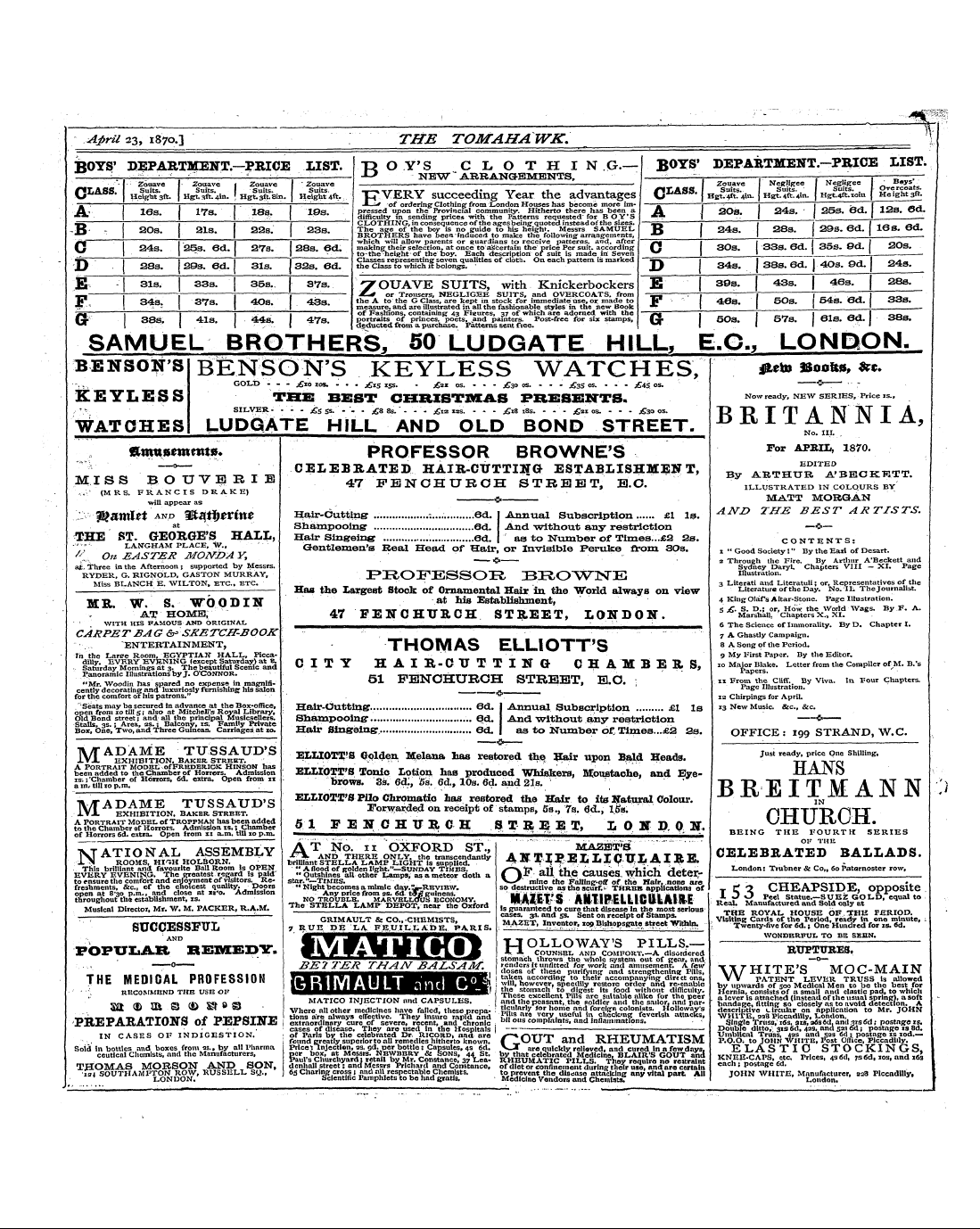 Tomahawk (1867-1870): jS F Y, 1st edition - Ad01304