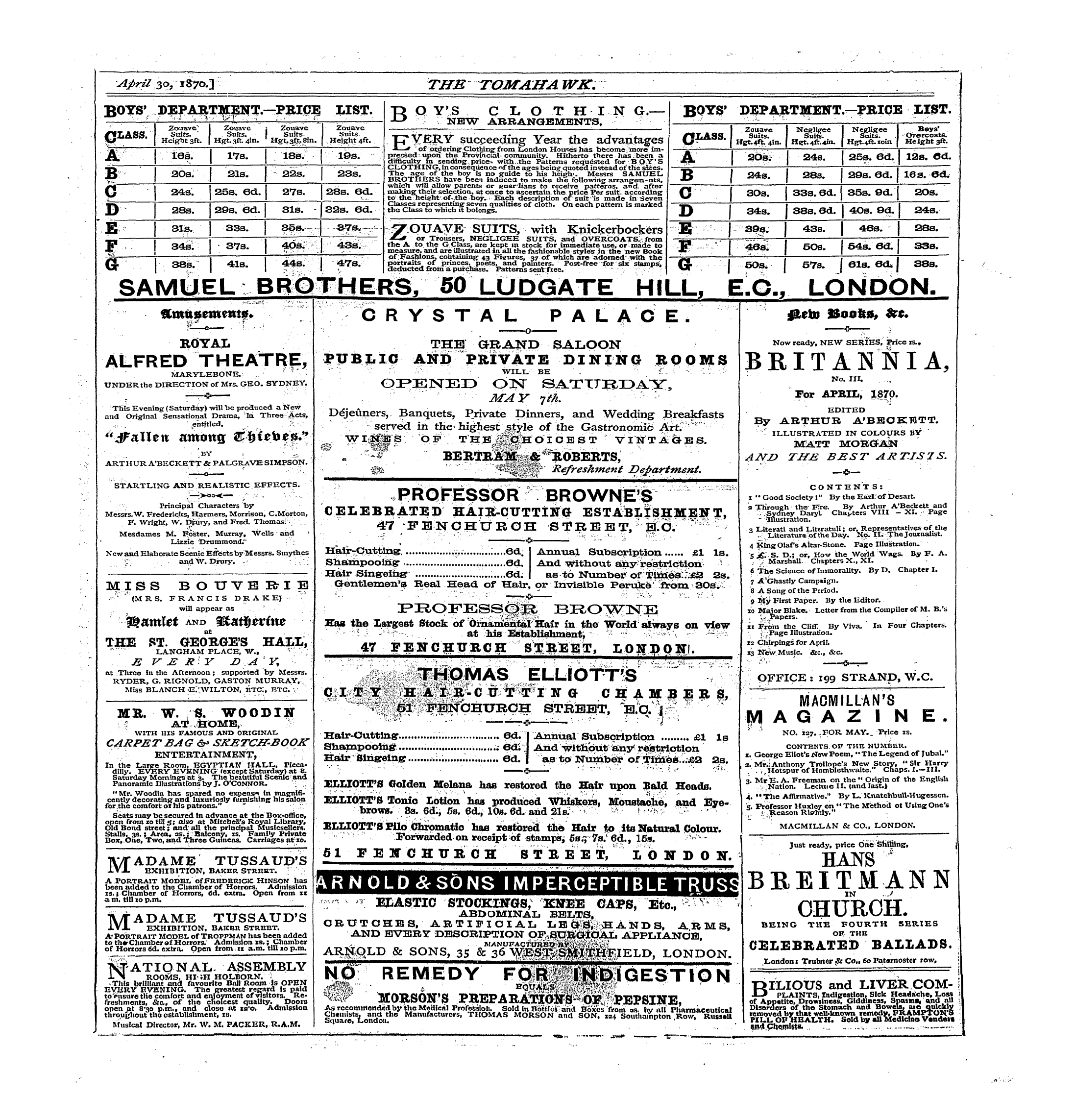 Tomahawk (1867-1870): jS F Y, 1st edition - Ad01305