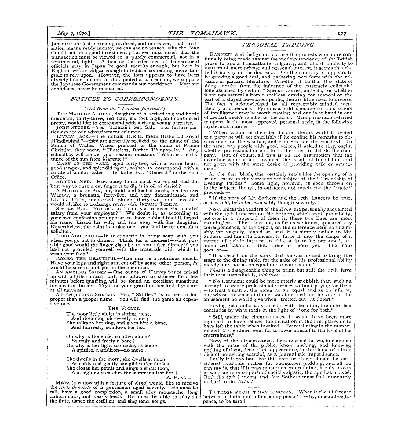 Tomahawk (1867-1870): jS F Y, 1st edition - Personal Padjding. , ¦