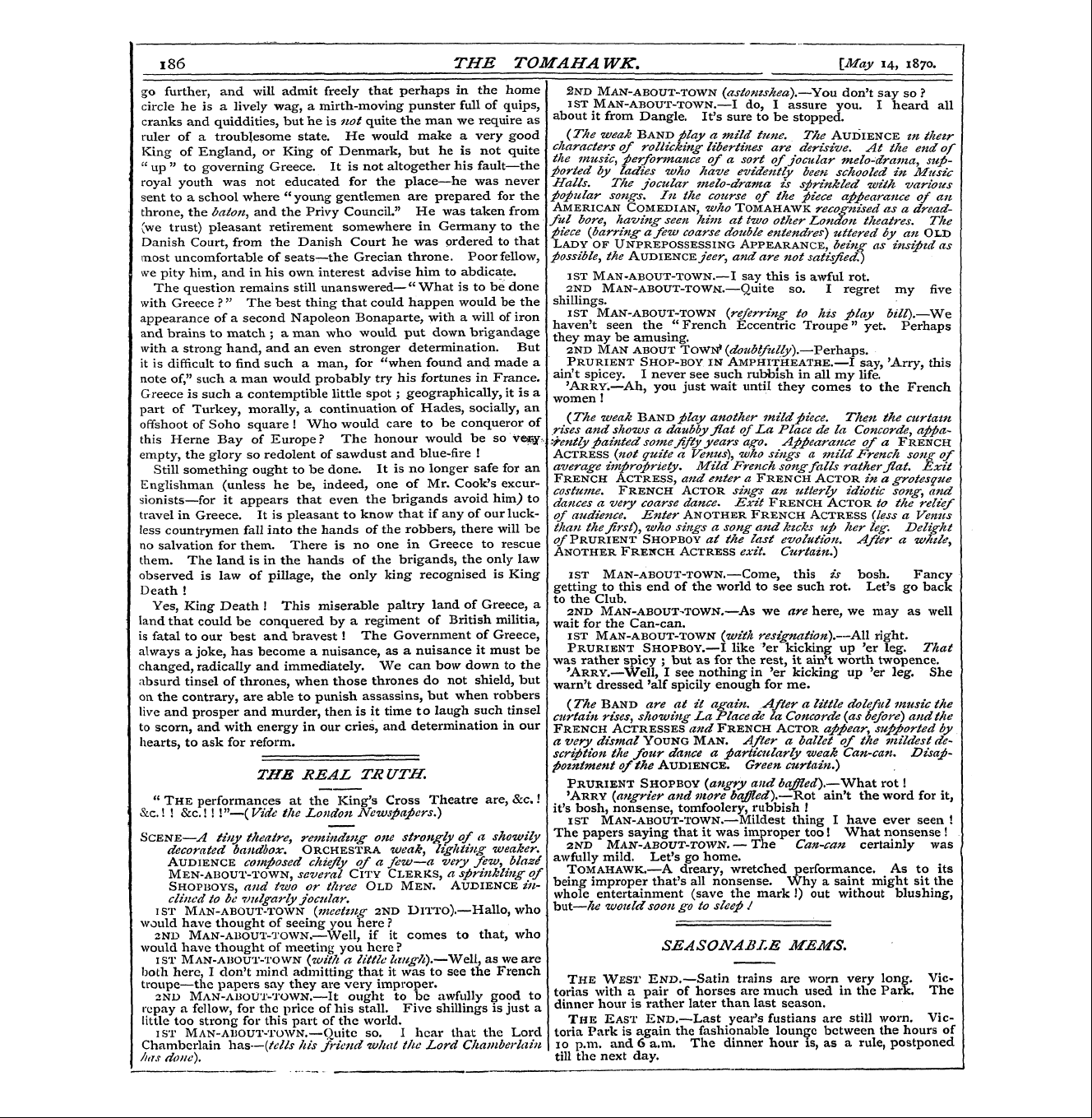 Tomahawk (1867-1870): jS F Y, 1st edition - &C " .! The ! &C Performances .! ! !"—(V...