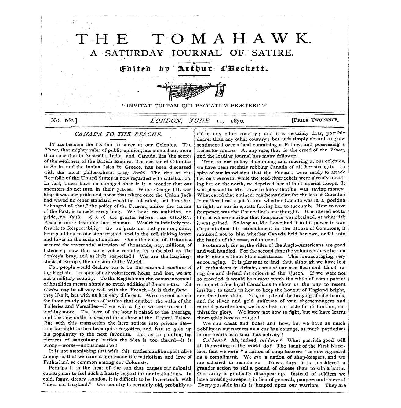 Tomahawk (1867-1870): jS F Y, 1st edition - It Has Become The Fashion To Sneer At Ou...