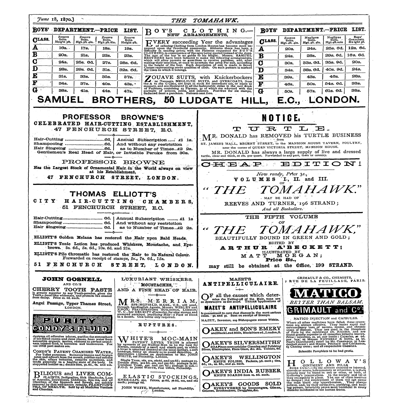 Tomahawk (1867-1870): jS F Y, 1st edition - Ad01503