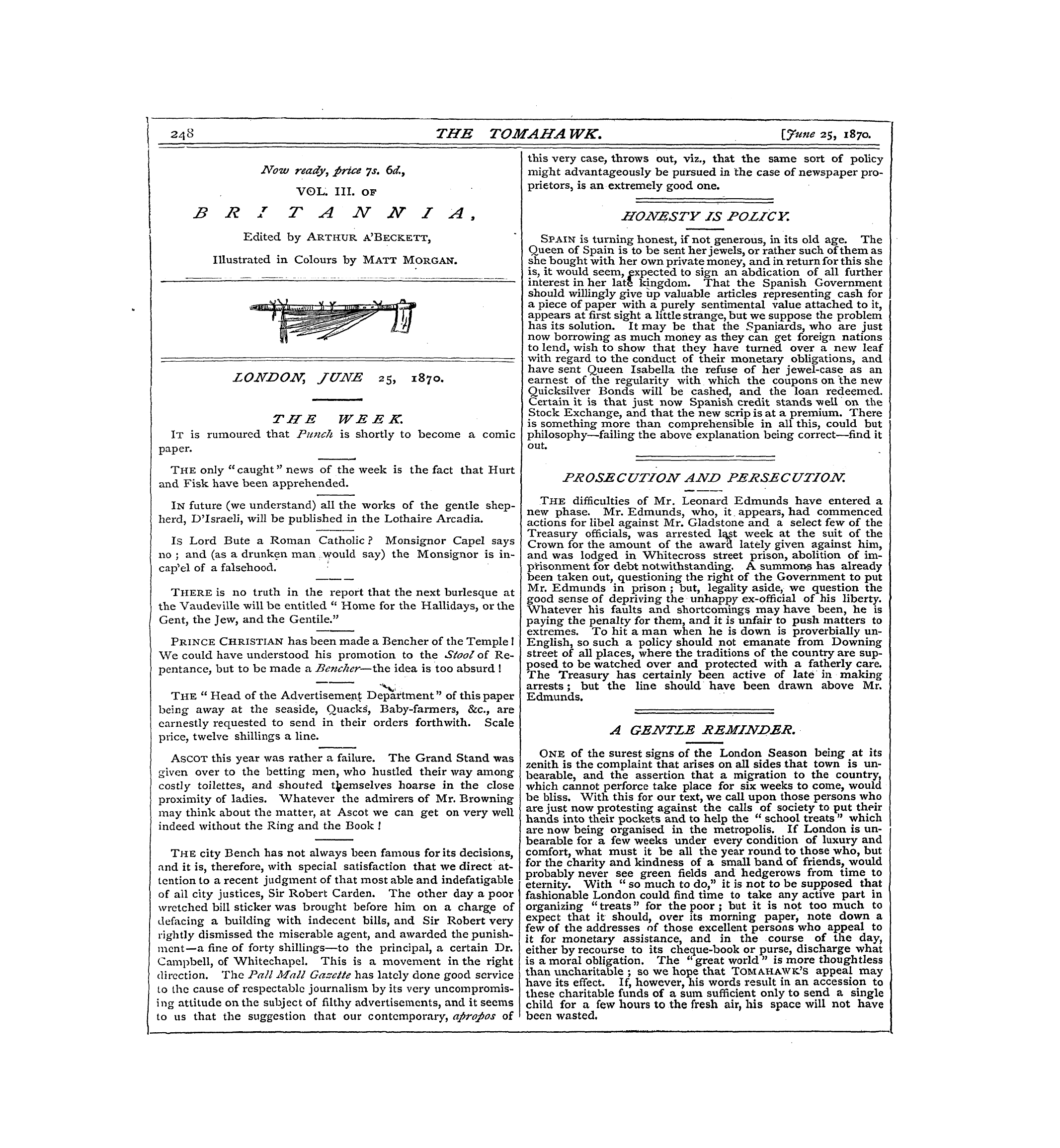 Tomahawk (1867-1870): jS F Y, 1st edition - The City Bench Has Not Always Been Famou...