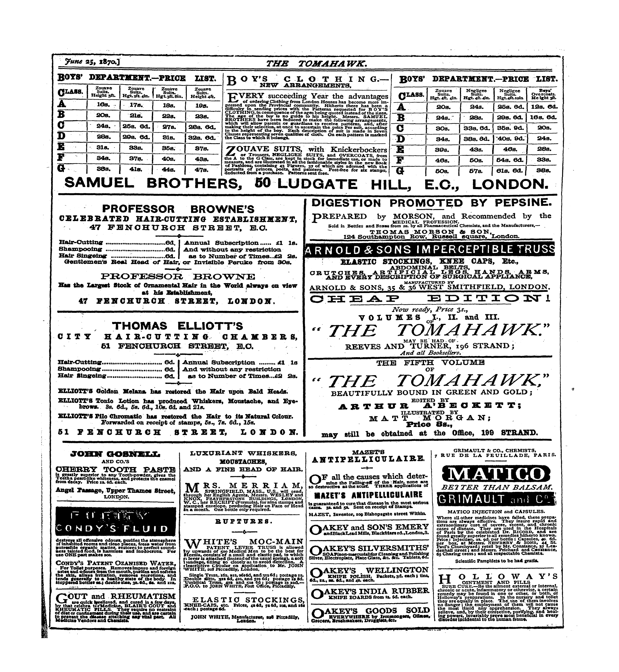 Tomahawk (1867-1870): jS F Y, 1st edition - Ad01302