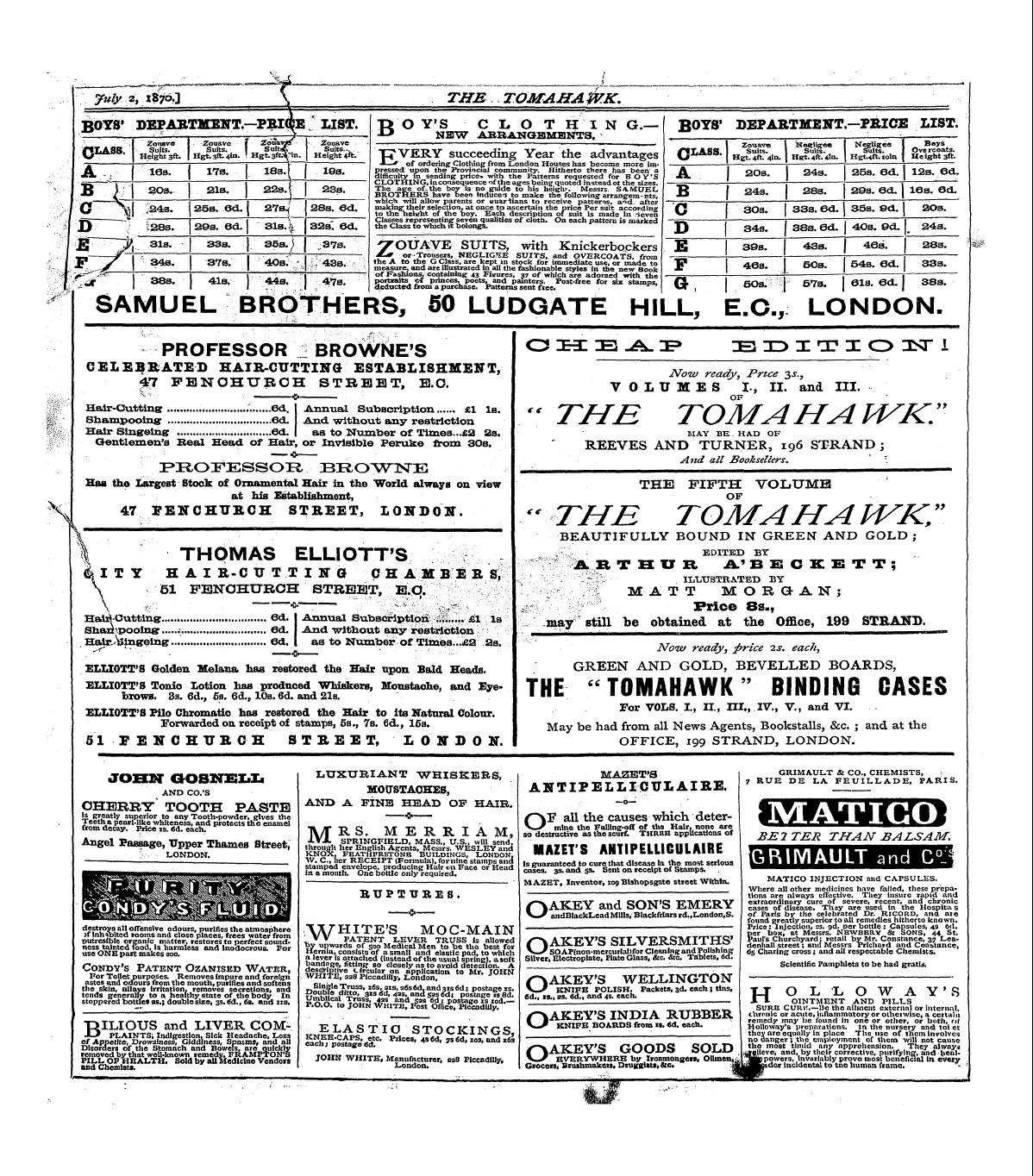 Tomahawk (1867-1870): jS F Y, 1st edition - Ad01107