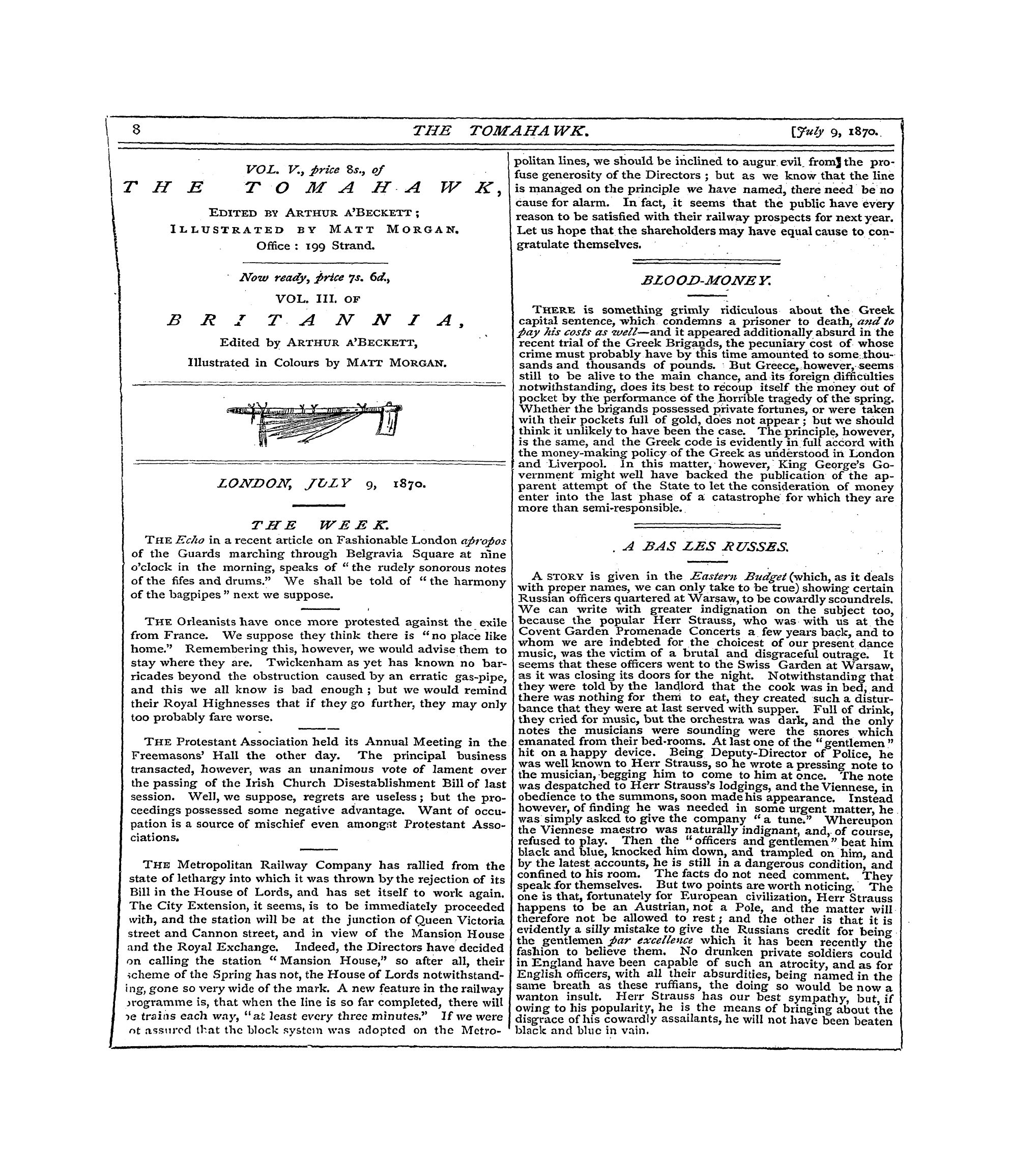 Tomahawk (1867-1870): jS F Y, 1st edition - Vol. V.Y Price Ss. 9 Of The T O M A H A ...