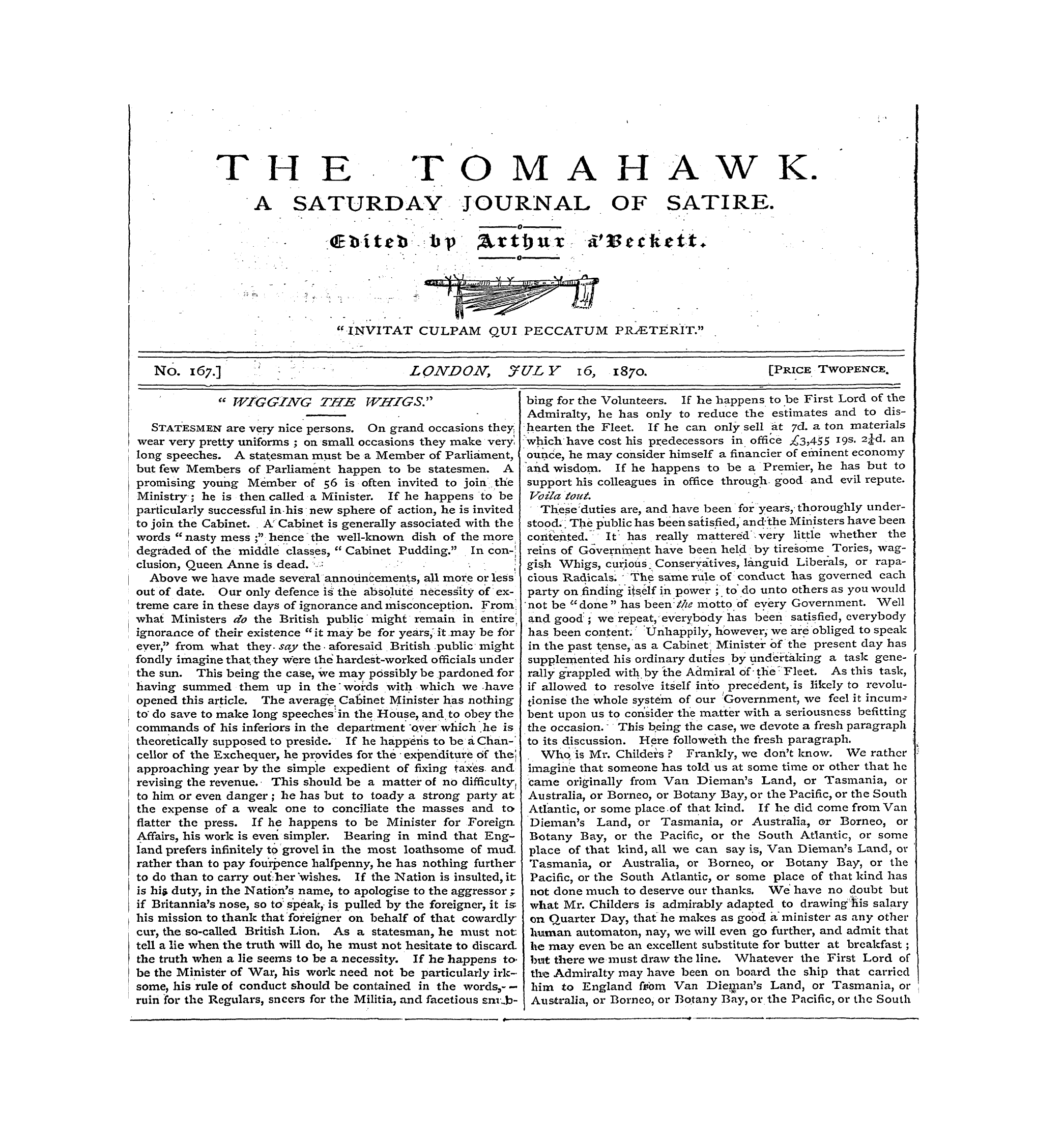 Tomahawk (1867-1870): jS F Y, 1st edition - T The Tomahawk. A Saturday Journal Of Sa...