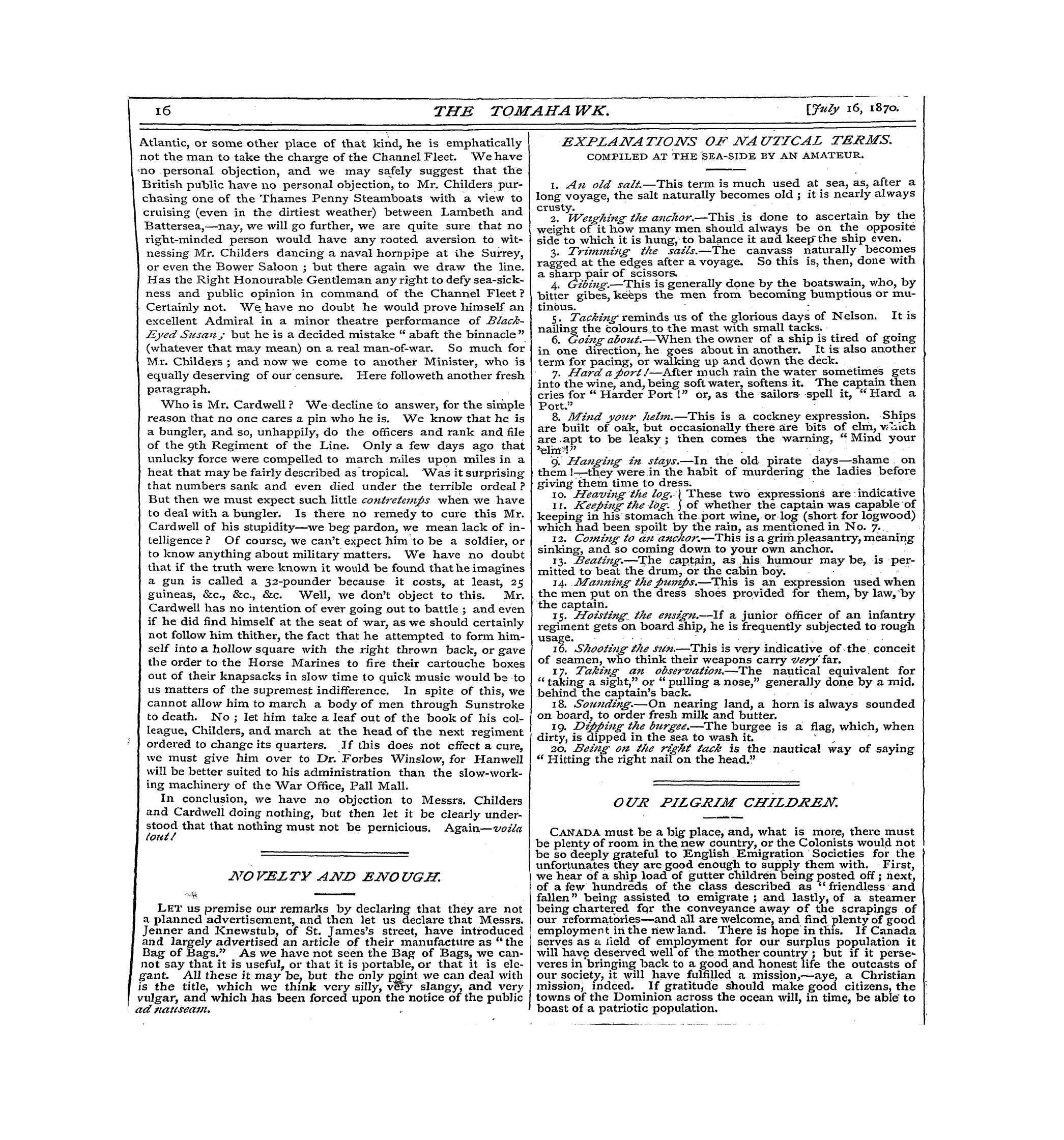 Tomahawk (1867-1870): jS F Y, 1st edition - I6 The Tomahawk. \J«Ty L6 > L8 7°-