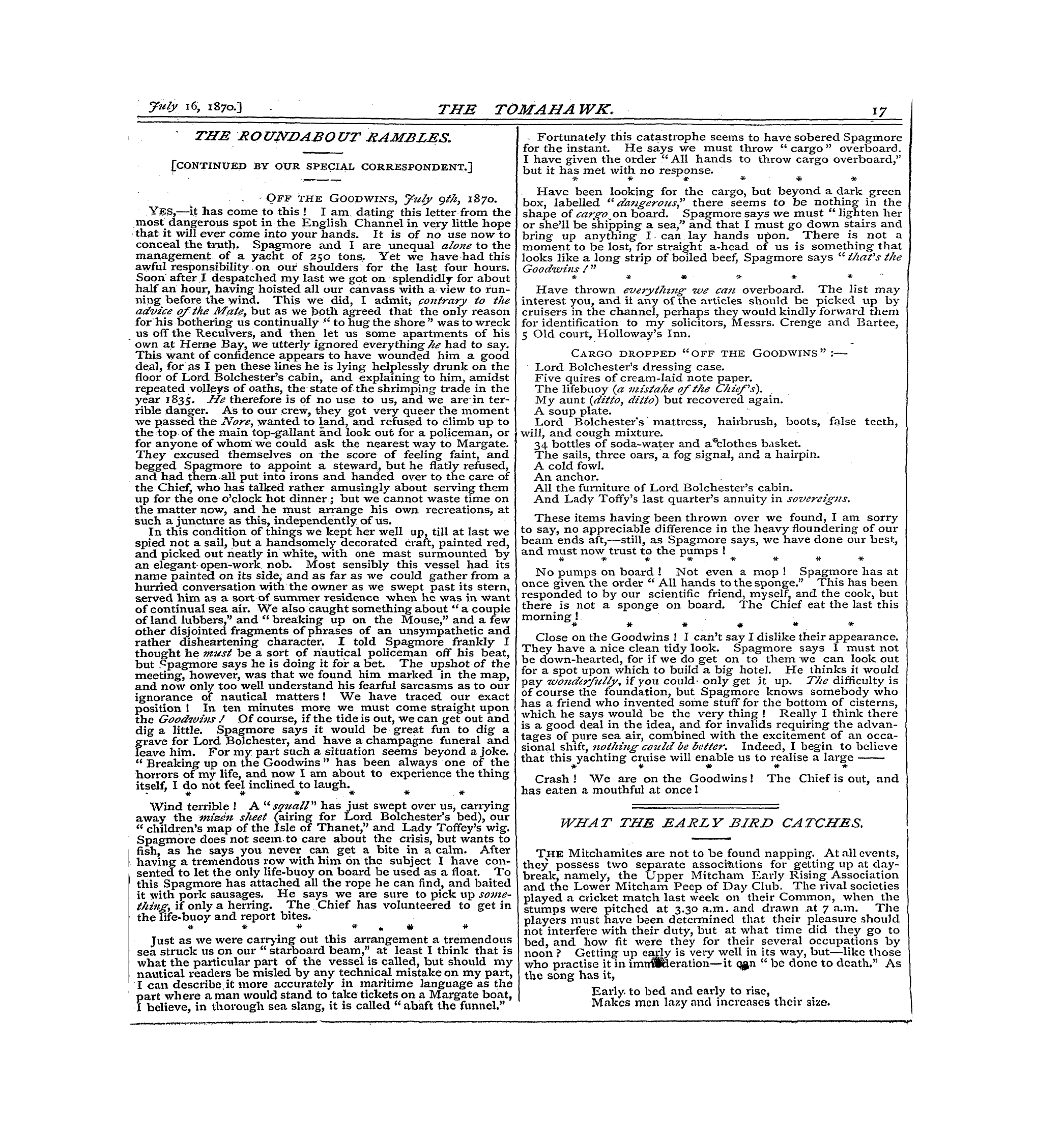 Tomahawk (1867-1870): jS F Y, 1st edition - " . . - Off The Goodwins , July Gth, 187...