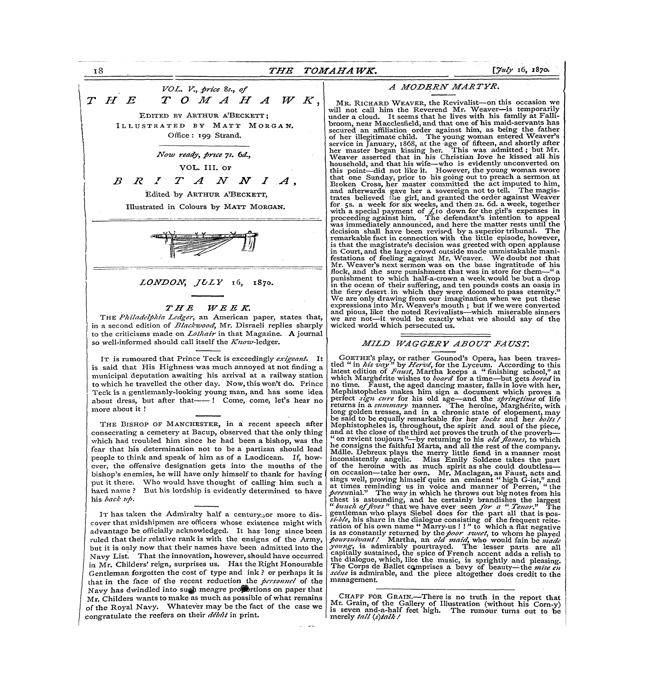 Tomahawk (1867-1870): jS F Y, 1st edition - \ #V 1 9 %. O /9l