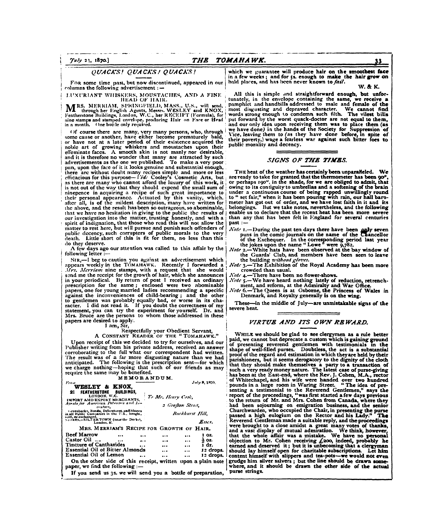 Tomahawk (1867-1870): jS F Y, 1st edition - I 7«Ty *I. «»7a] The Tom Ah A Wk. 33