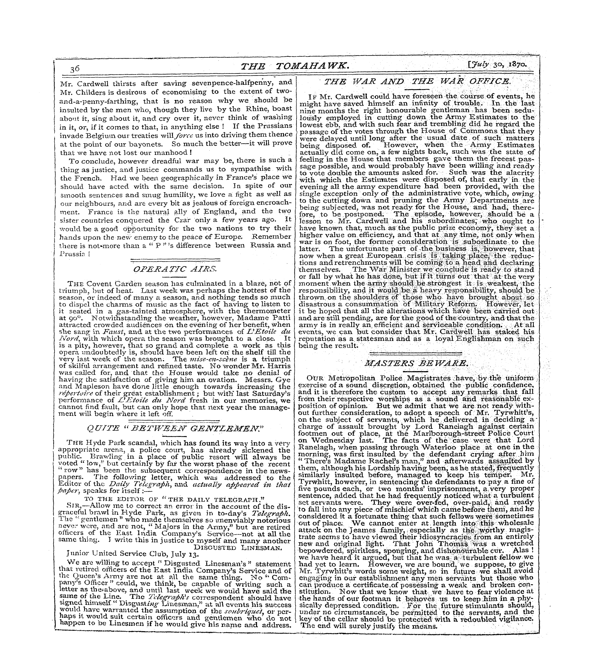 Tomahawk (1867-1870): jS F Y, 1st edition - Masters Be Warm.