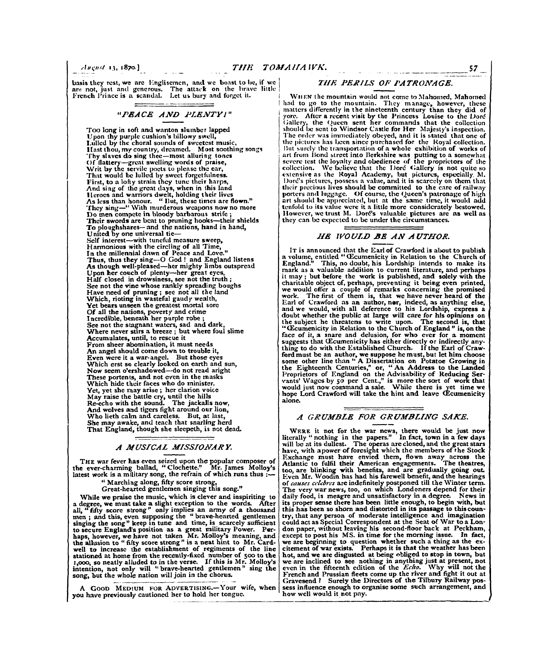 Tomahawk (1867-1870): jS F Y, 1st edition - The Perils Of Patronage.