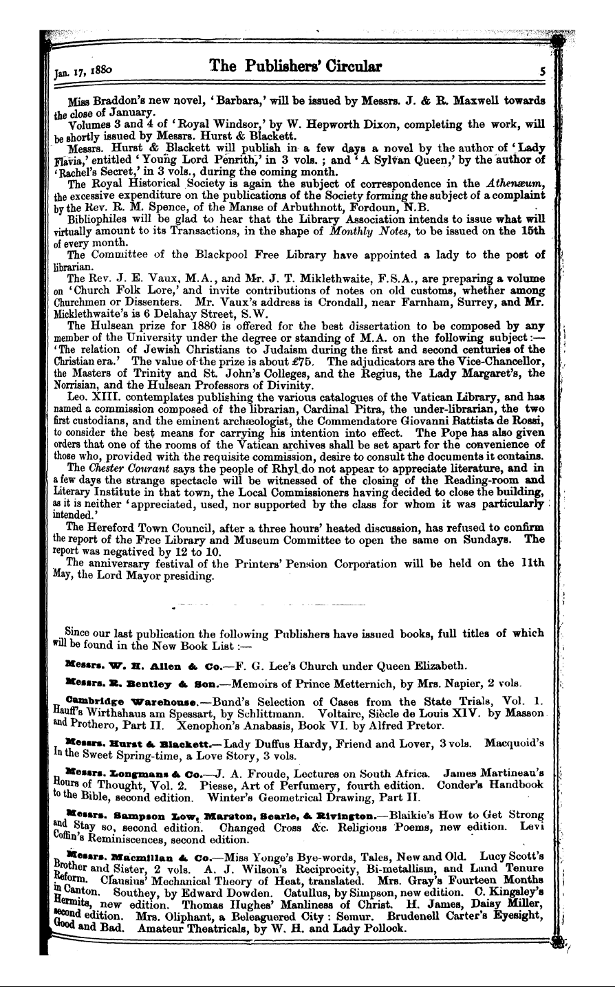 Publishers’ Circular (1880-1890): jS F Y, 1st edition - Jan. 17, I* 80 ^ E Publishers 1 Circular...