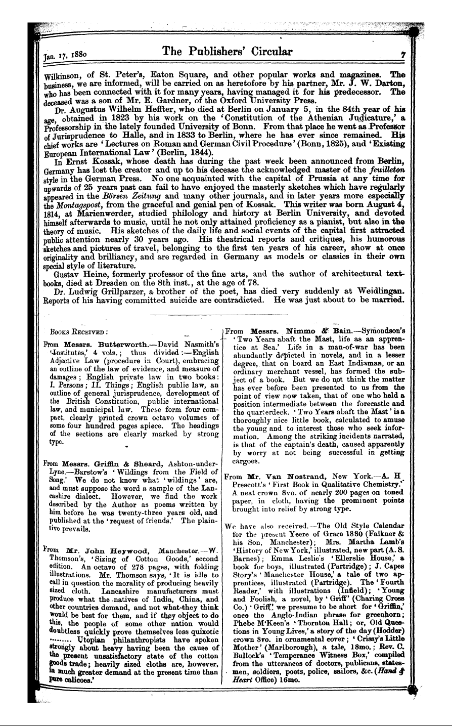 Publishers’ Circular (1880-1890): jS F Y, 1st edition: 7