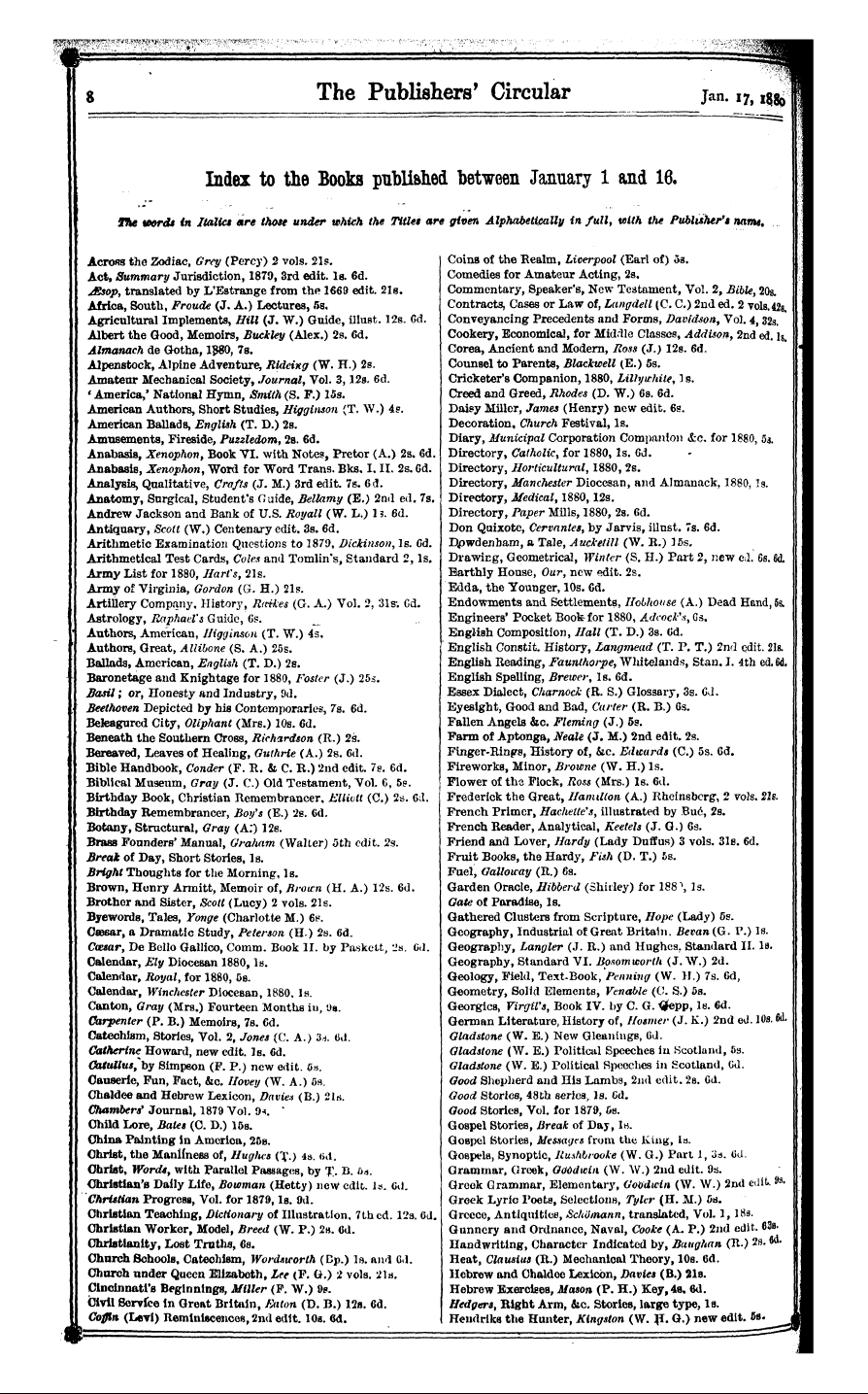 Publishers’ Circular (1880-1890): jS F Y, 1st edition - Index To The Books Published Between January 1 And 16, I The Itords In Italics Are Those Under Which The Titles Are Given Alphabetically In Full, With The Publisher's Name, I