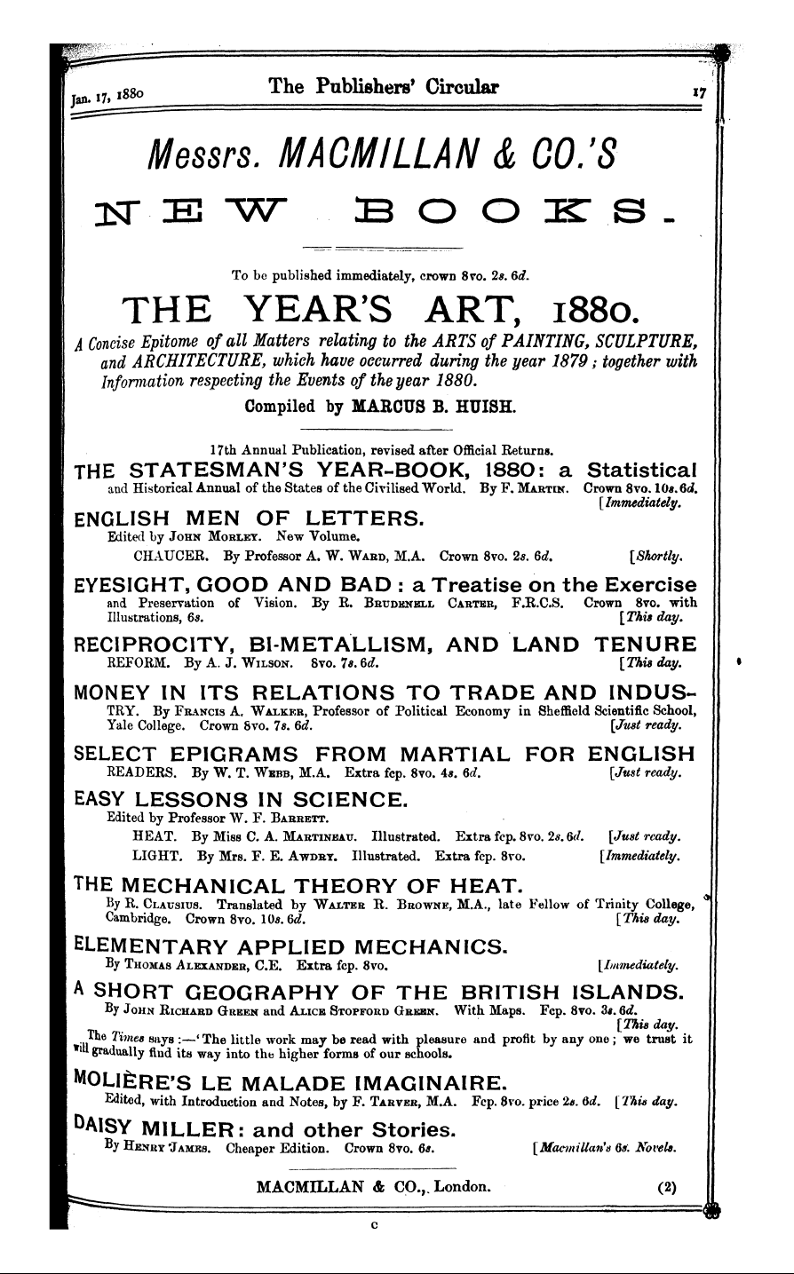 Publishers’ Circular (1880-1890): jS F Y, 1st edition - Ad01701