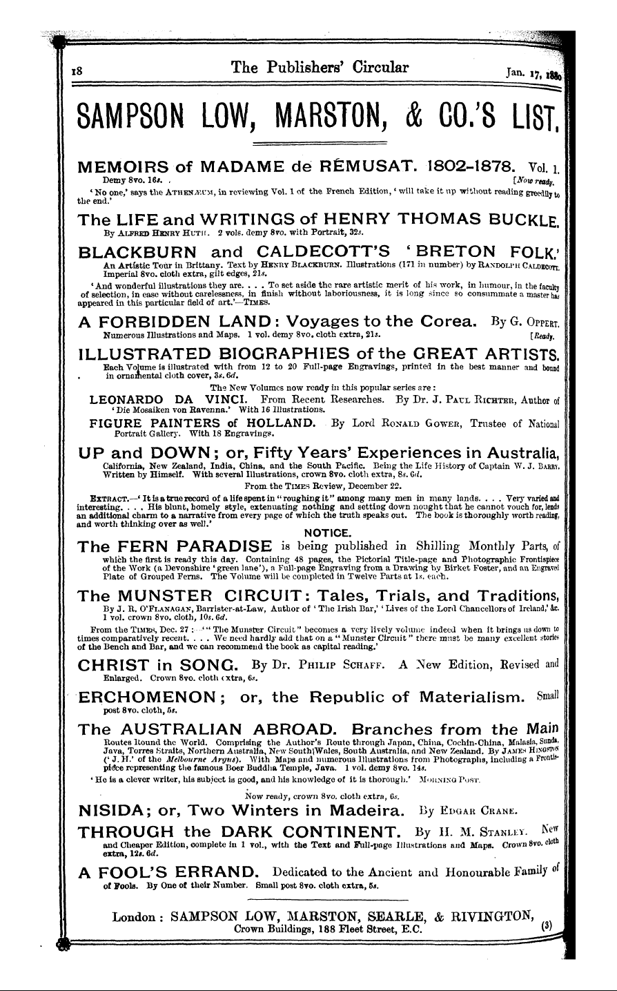 Publishers’ Circular (1880-1890): jS F Y, 1st edition - Ad01801