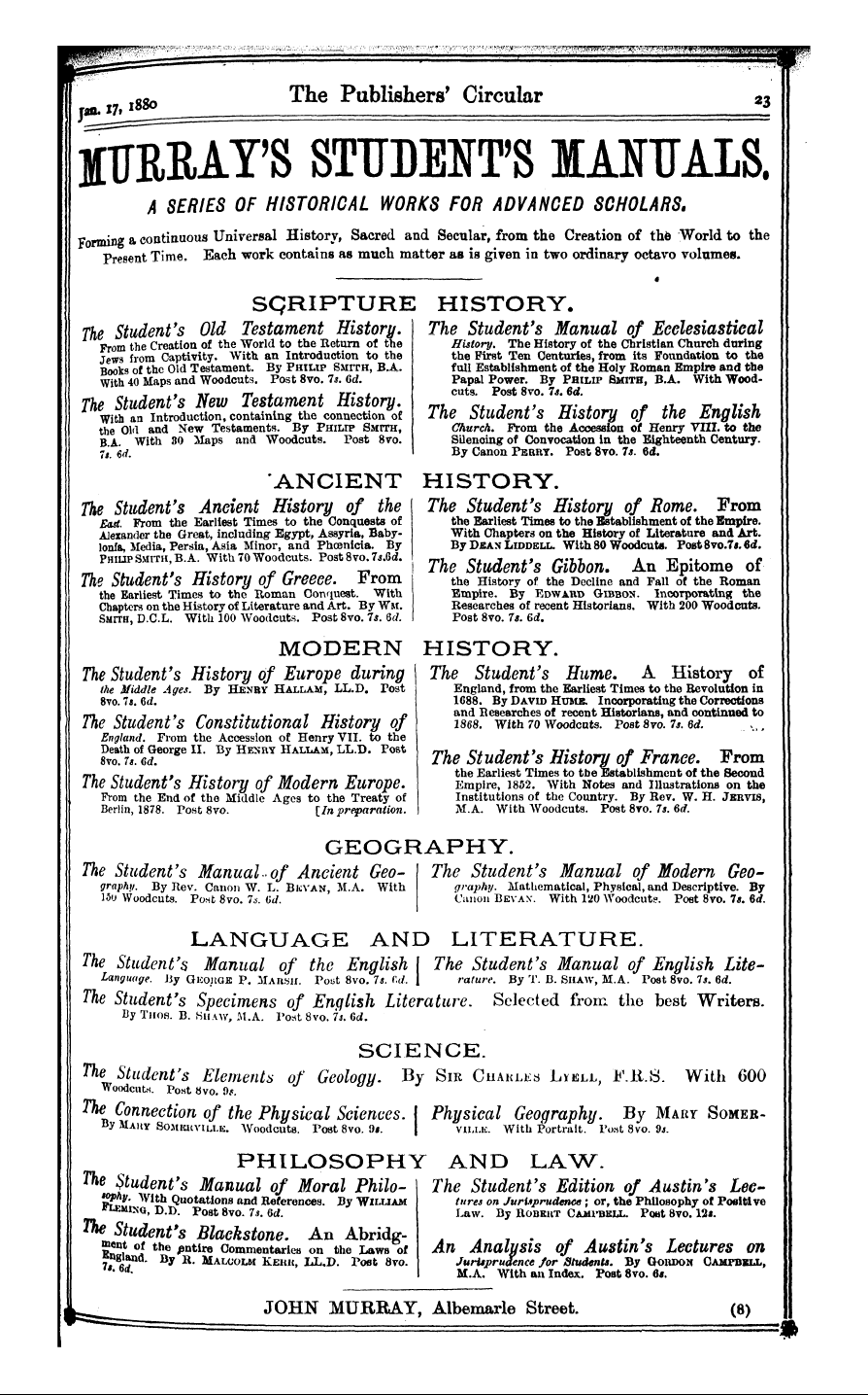 Publishers’ Circular (1880-1890): jS F Y, 1st edition - Ad02301