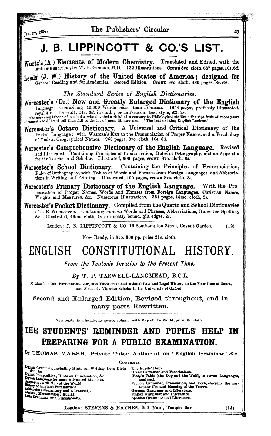 Publishers’ Circular (1880-1890): jS F Y, 1st edition - Ad02702