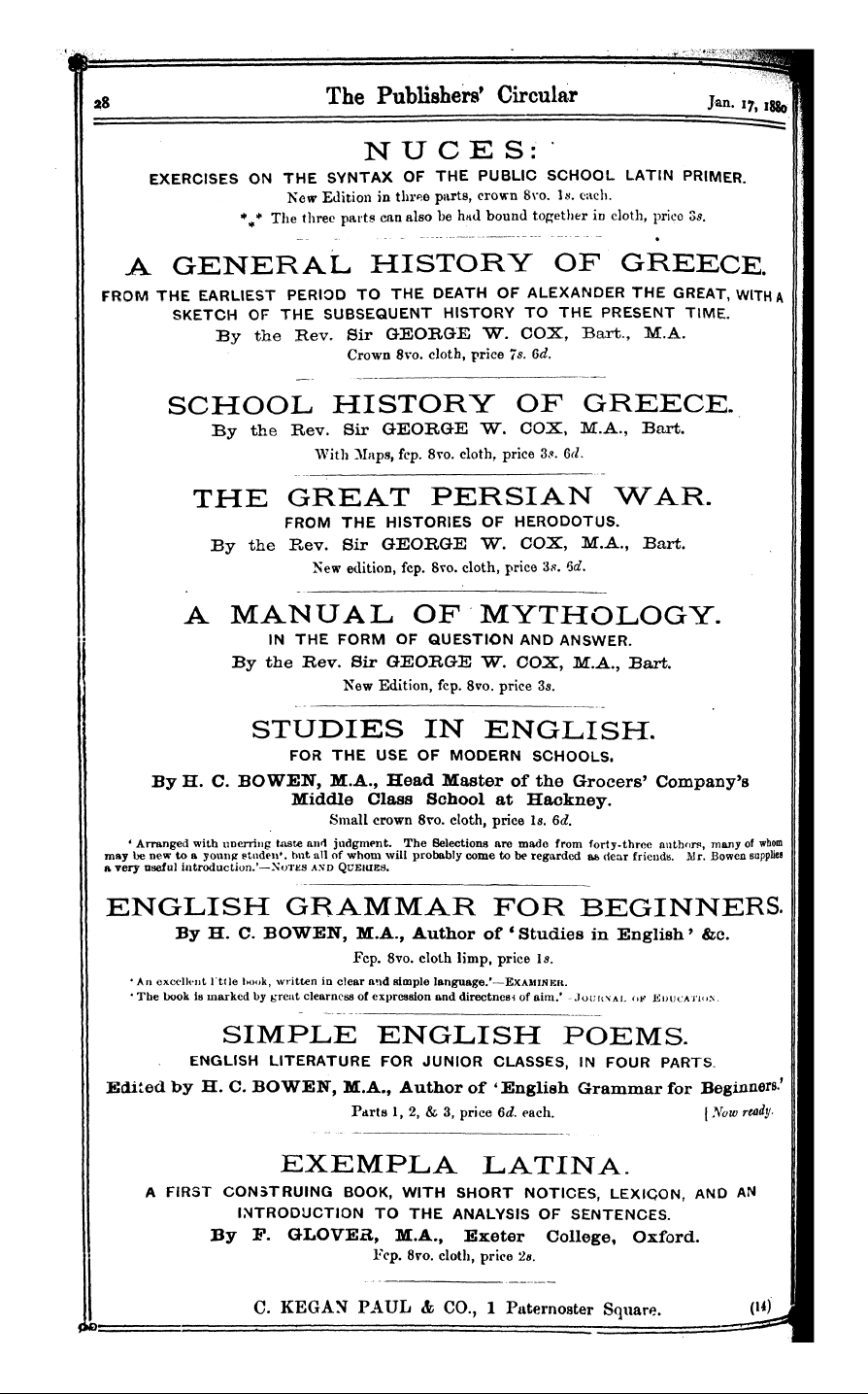 Publishers’ Circular (1880-1890): jS F Y, 1st edition - Ad02801