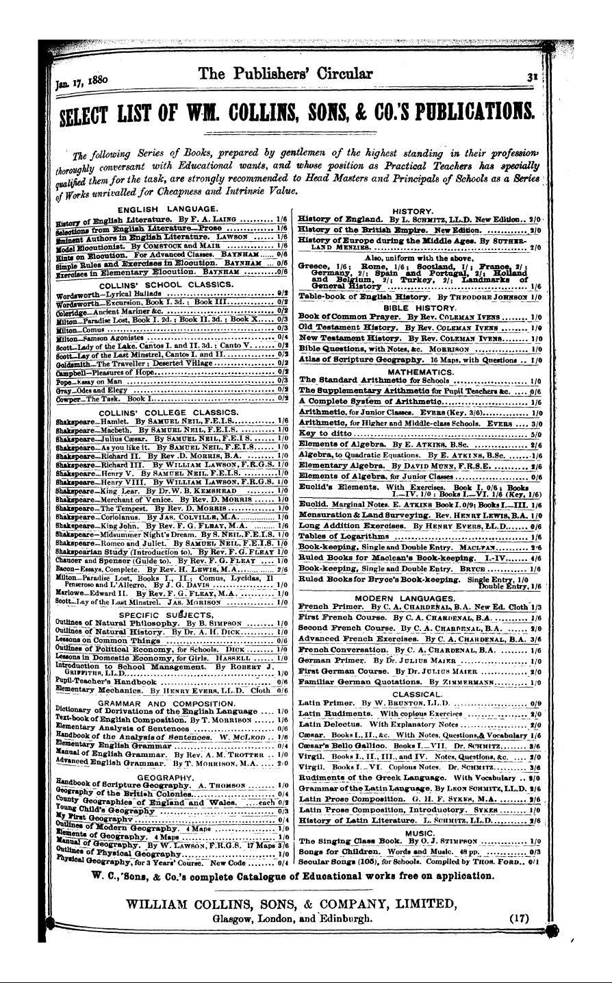 Publishers’ Circular (1880-1890): jS F Y, 1st edition - Ad03101